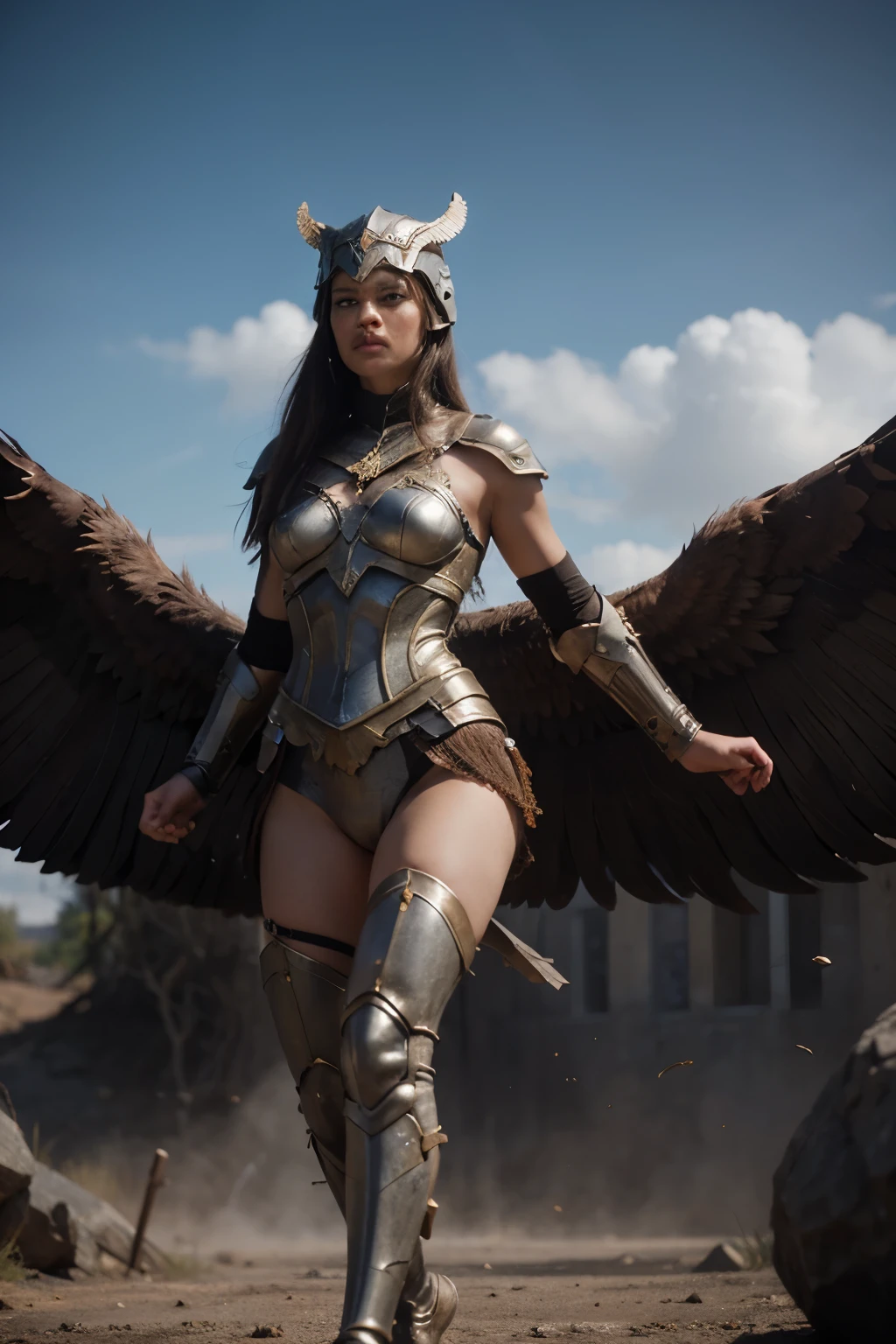 Generate a captivating image of a Valkyrie, showcasing intricate details in her divine armor and features. Envision a powerful aura surrounding her, capturing the essence of Valkyrie strength and grace. Apply a majestic style, emphasizing both ethereal and warrior-like tones, with a background reminiscent of the celestial realms or a battlefield. Highlight features such as winged helmet, valiant armor, and a pose that exudes Valkyrie valor. Ensure the image quality is at its maximum, delivering a breathtaking and heroic representation of a full-body Valkyrie.