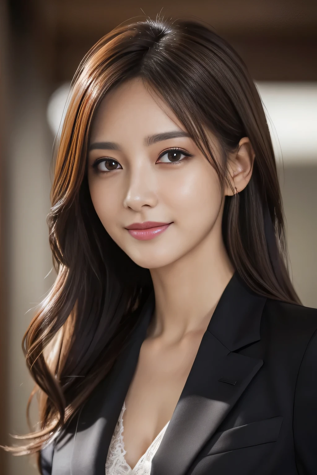 masutepiece, Best Quality, Photorealistic, Ultra-detailed, finely detail, High resolution, 8K Wallpaper, 1 beautiful woman,, light brown messy hair, in a business suit, foco nítido, Perfect dynamic composition, Beautiful detailed eyes, detailed hairs, Detailed realistic skin texture, Smiling, Close-up portrait, Model body type