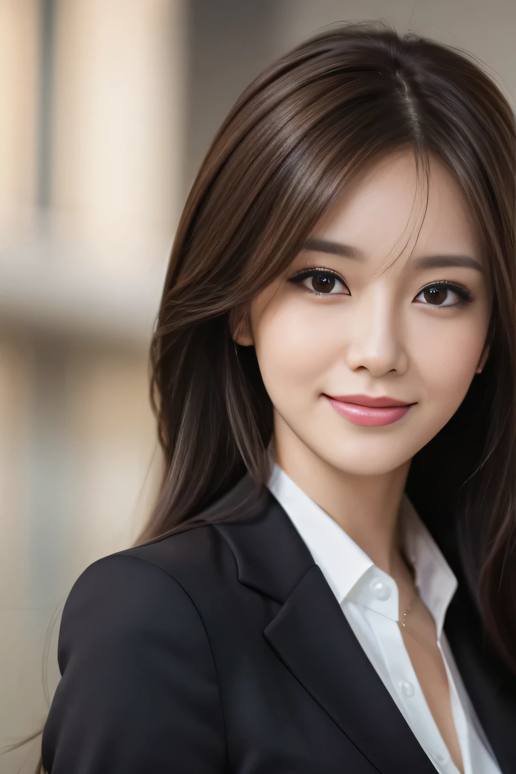 masutepiece, Best Quality, Photorealistic, Ultra-detailed, finely detail, High resolution, 8K Wallpaper, 1 beautiful woman,, light brown messy hair, in a business suit, foco nítido, Perfect dynamic composition, Beautiful detailed eyes, detailed hairs, Detailed realistic skin texture, Smiling, Close-up portrait, Model body type