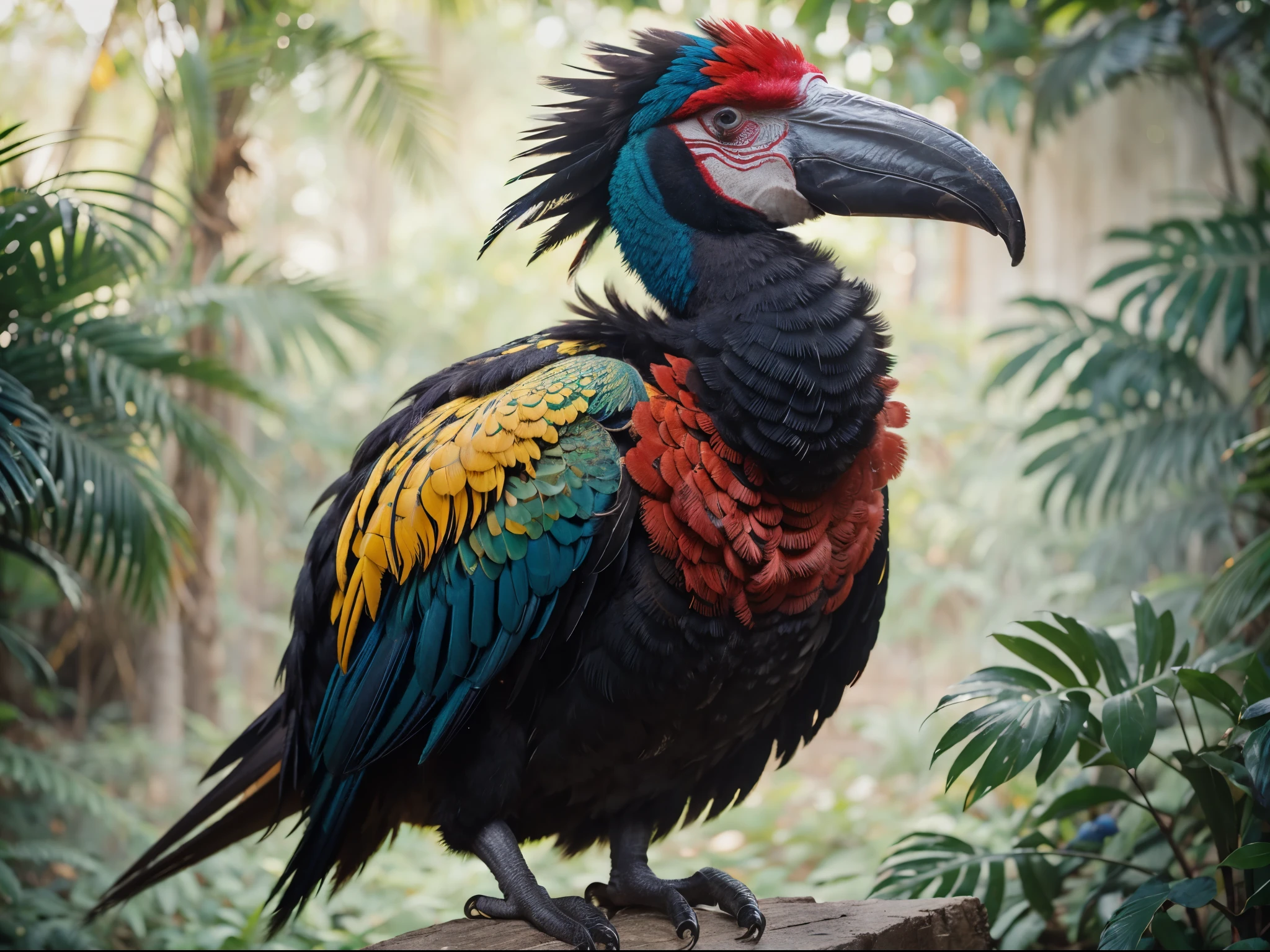 Imaginative crossbreed of Cassowary mix with Dodo and Parrot, photorealistic, hybrid animal, hyper detail, Bokeh background, full body, realistic, realism, animal photography, documentary