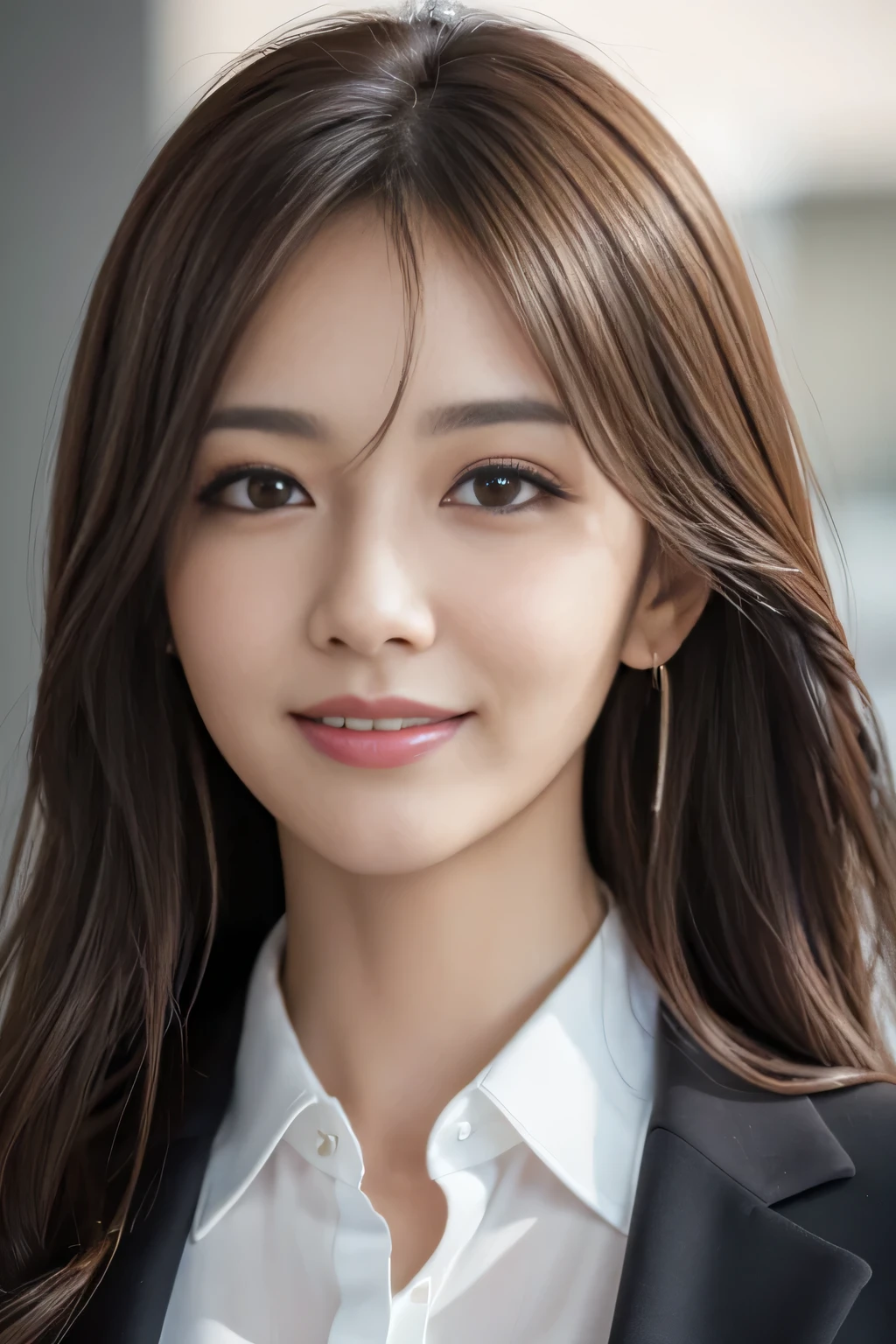 masutepiece, Best Quality, Photorealistic, Ultra-detailed, finely detail, High resolution, 8K Wallpaper, 1 beautiful woman,, light brown messy hair, in a business suit, foco nítido, Perfect dynamic composition, Beautiful detailed eyes, detailed hairs, Detailed realistic skin texture, Smiling, Close-up portrait, Model body type