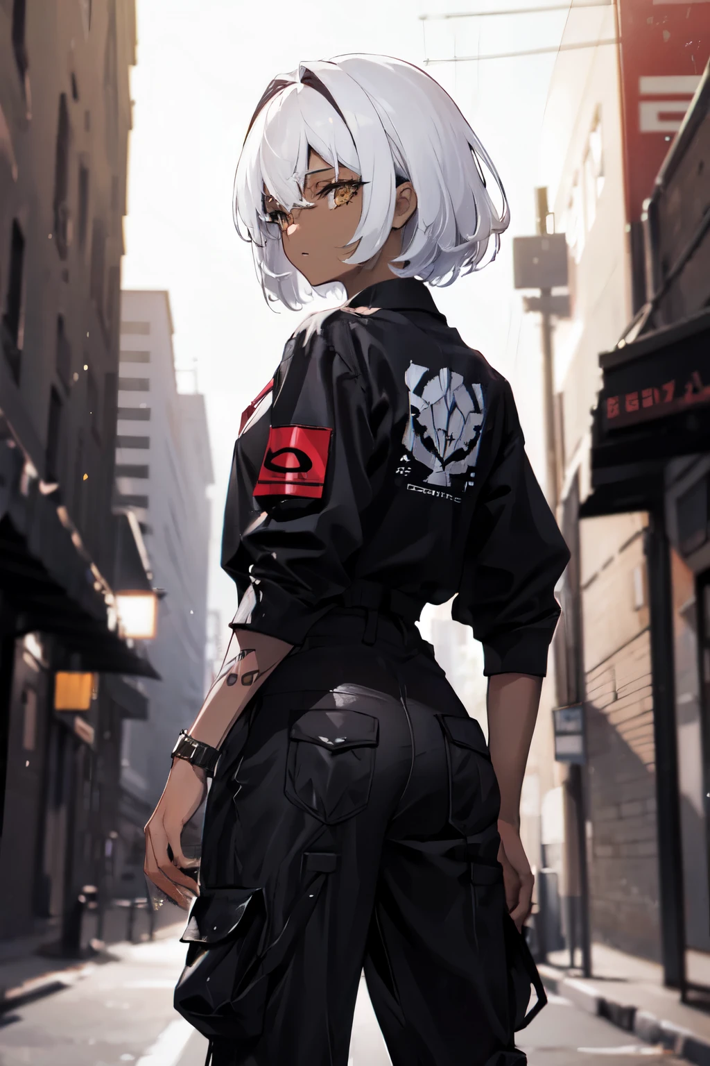 (masterpiece:1.4), 1girl, Streetwear, cargo pants, street, (masterpiece, best quality, highres, ultra detailed ), night, depth of field, absurdreasterpiece:1.4), ultra-detailed, 1girl, dark-skinned, stand up, black and yellow, long black wildly hair with white streaks, tatoos, white hair white lips, cool backstreet background