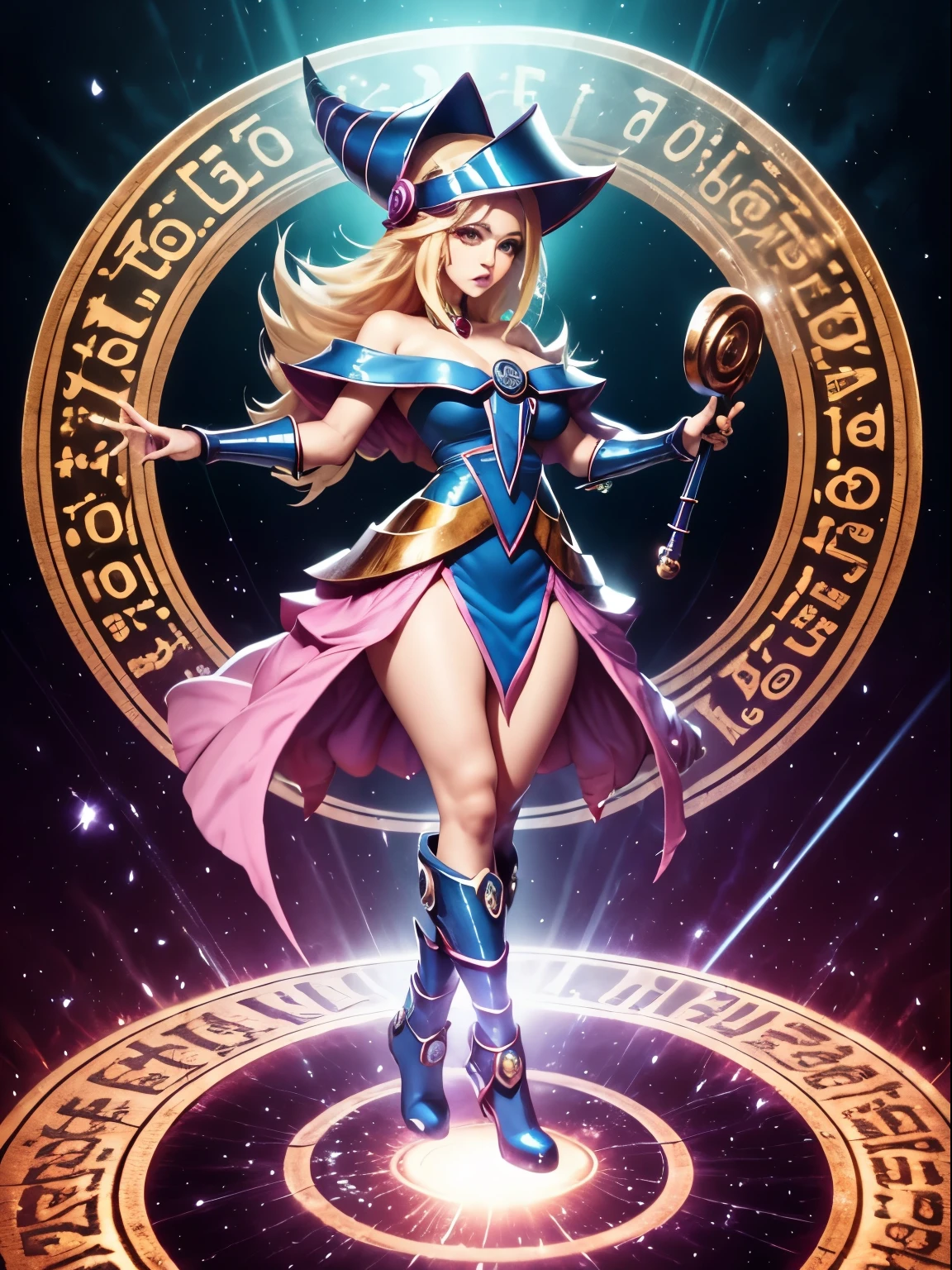 ultra-detallado, extremadamente detallado, obra maestra, sthe highest qualit, la mejor calidad, absurdos, highres, dark magician girl, (1girl: 1.2), solo, cara detallada, dynamic  pose, flujo de cabello, (cuerpo completo: 1.1), cabello rubio, cabello largo, mirando al espectador, ojos verdes, skindentation, piel detallada, poros de la piel, (piel brillante, piel brillante: 1.1), detalles de piel rosada, senos, toenail polish, falda, calzado azul, sombrero azul, sombrero de mago,  varita, holding hat, (bragas azules: 0.9), (summoning circle: 1.1), hexagrama, pentacle, pentagrama, yu-gi-oh!, monstruo de duelo, Purple Magic Field, resplandor, fondo detallado, fondo intrincado, Pose sujestiva y sensual