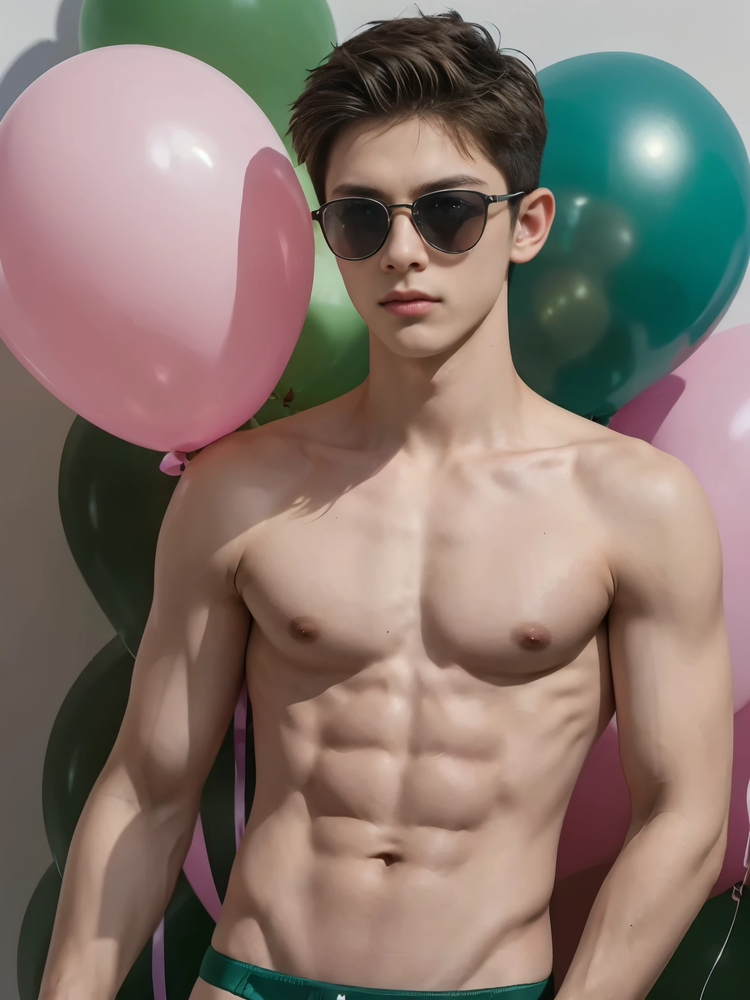 -yeld bohugging big pink balloons, blowing big green balloons, wearing small green speedos, shirtless, abs, thin body, slim body, handsome, young boy, youthful, boyish, cute, black military sunglasses, rayban aviators, photography, realistic, big pink balloons, big green balloons, indoor soft lighting