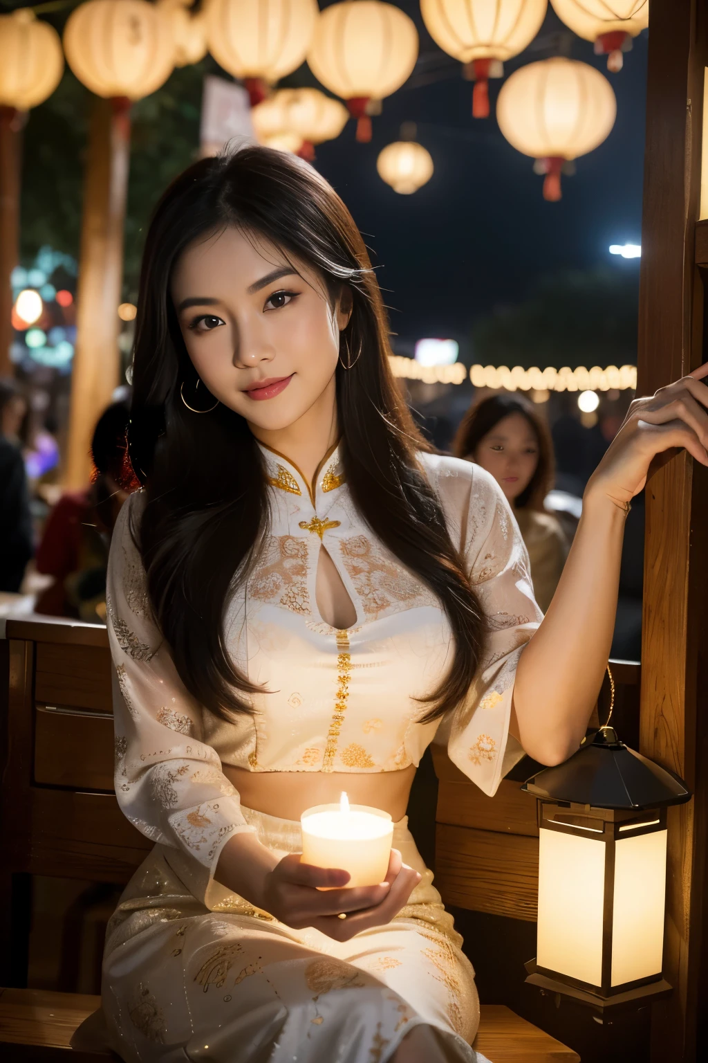 (8K, Ultra high res:1.1) Nguyen, a Vietnamese woman in her 20s, celebrates a festive lantern festival. She wears a traditional áo tứ thân with intricate patterns, symbolizing good luck and prosperity. Nguyen's captivating brown eyes, flawless complexion, and long black hair are highlighted in the high-resolution image. The vibrant lanterns, traditional music, and joyful atmosphere of the festival add to the festive ambiance, creating a visually stunning representation of Nguyen's Vietnamese cultural traditions and celebrations.