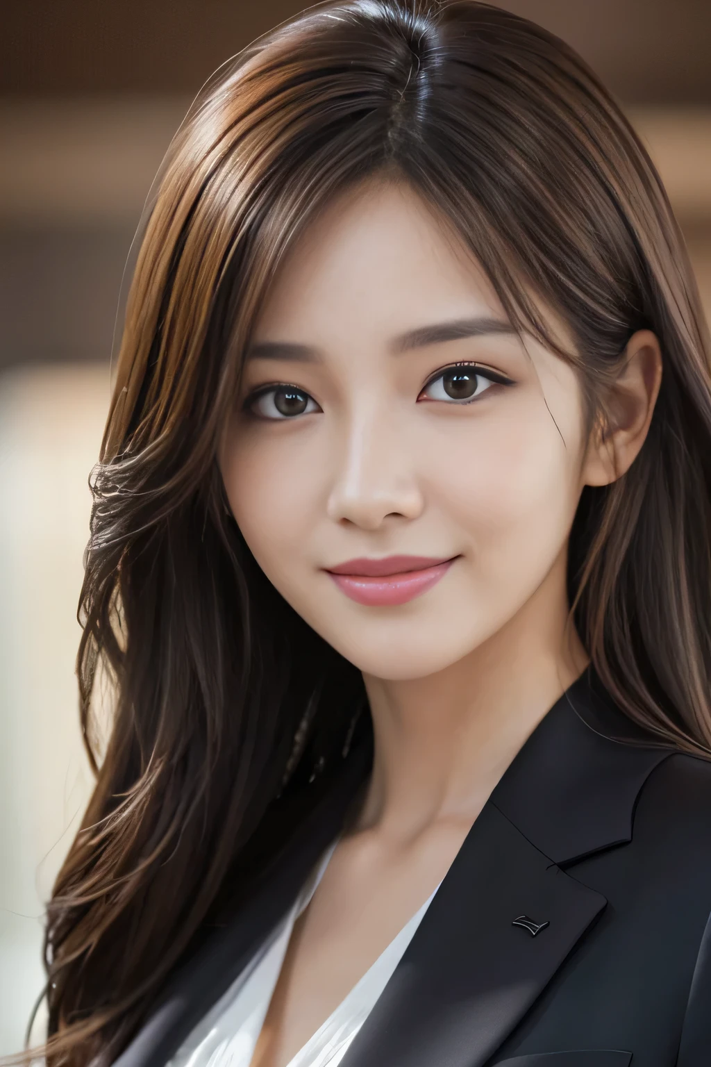 masutepiece, Best Quality, Photorealistic, Ultra-detailed, finely detail, High resolution, 8K Wallpaper, 1 beautiful woman,, light brown messy hair, in a business suit, foco nítido, Perfect dynamic composition, Beautiful detailed eyes, detailed hairs, Detailed realistic skin texture, Smiling, Close-up portrait, Model body type