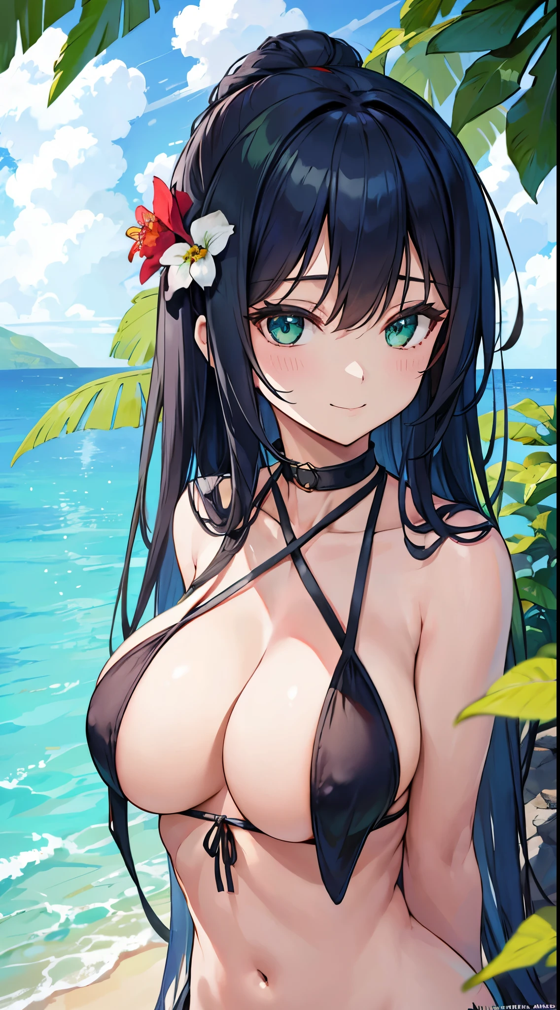 masutepiece, Best Quality, absurderes, Perfect Anatomy, 1girl in, Solo, Lakes, Long hair, Hair Flower, Beach, Summer, Sun, bikini of, cleavage, Smile, arms behind back, Leaning forward, (((Upper body))), cum on facial, Detailed eyes, cum on chest, Green eyes