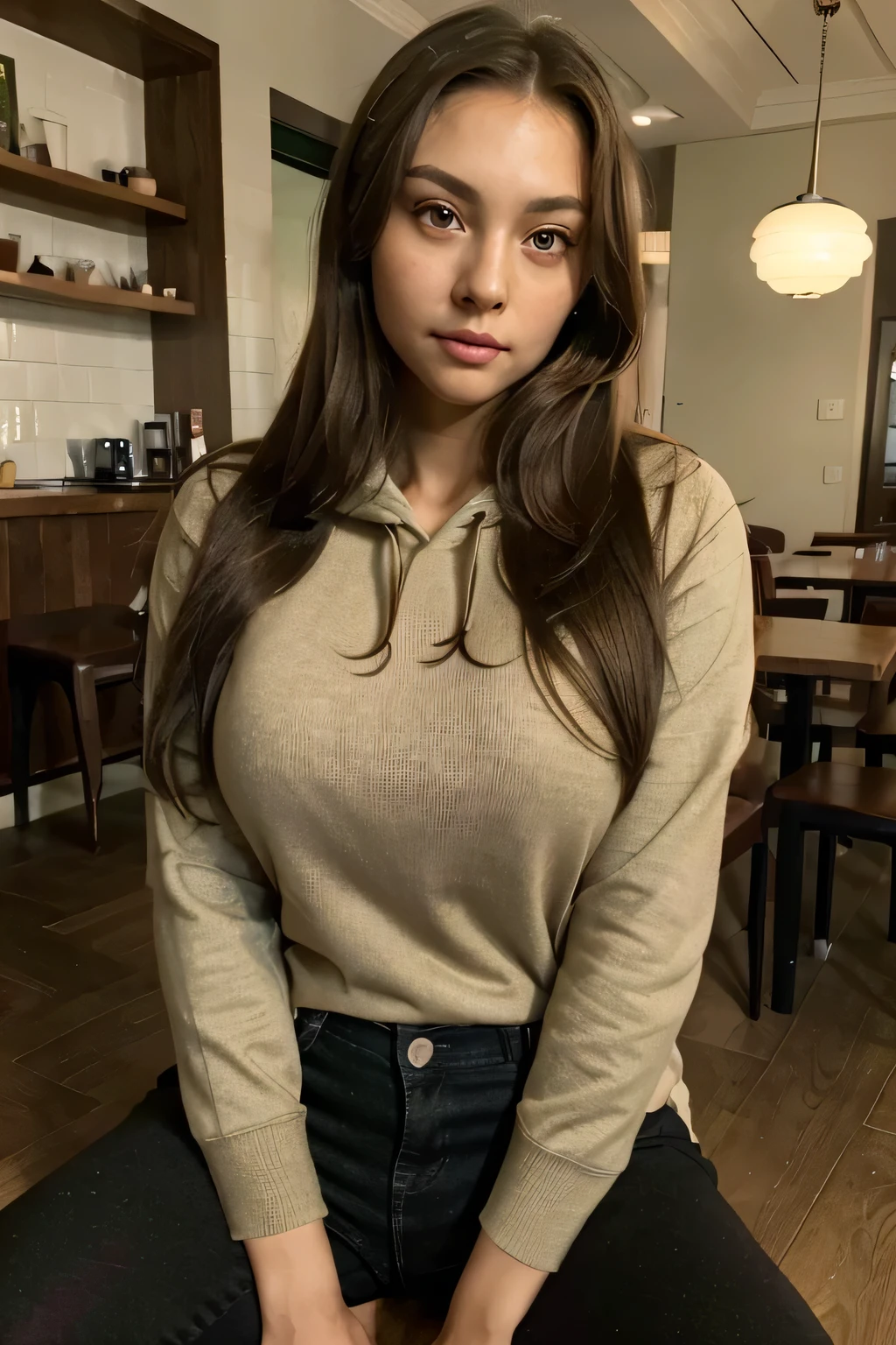 ((best quality)), ((masterpiece)), (detailed), portrait, perfect face, light brown hair, young, perfect face, brown skin, big breasts, perky breasts, green eyes, big eyes, subtle asian traits, defined eyebrows, long hair, straight hair, black sports top, sitting down in a cafe in portland, wearing a beige hoodie