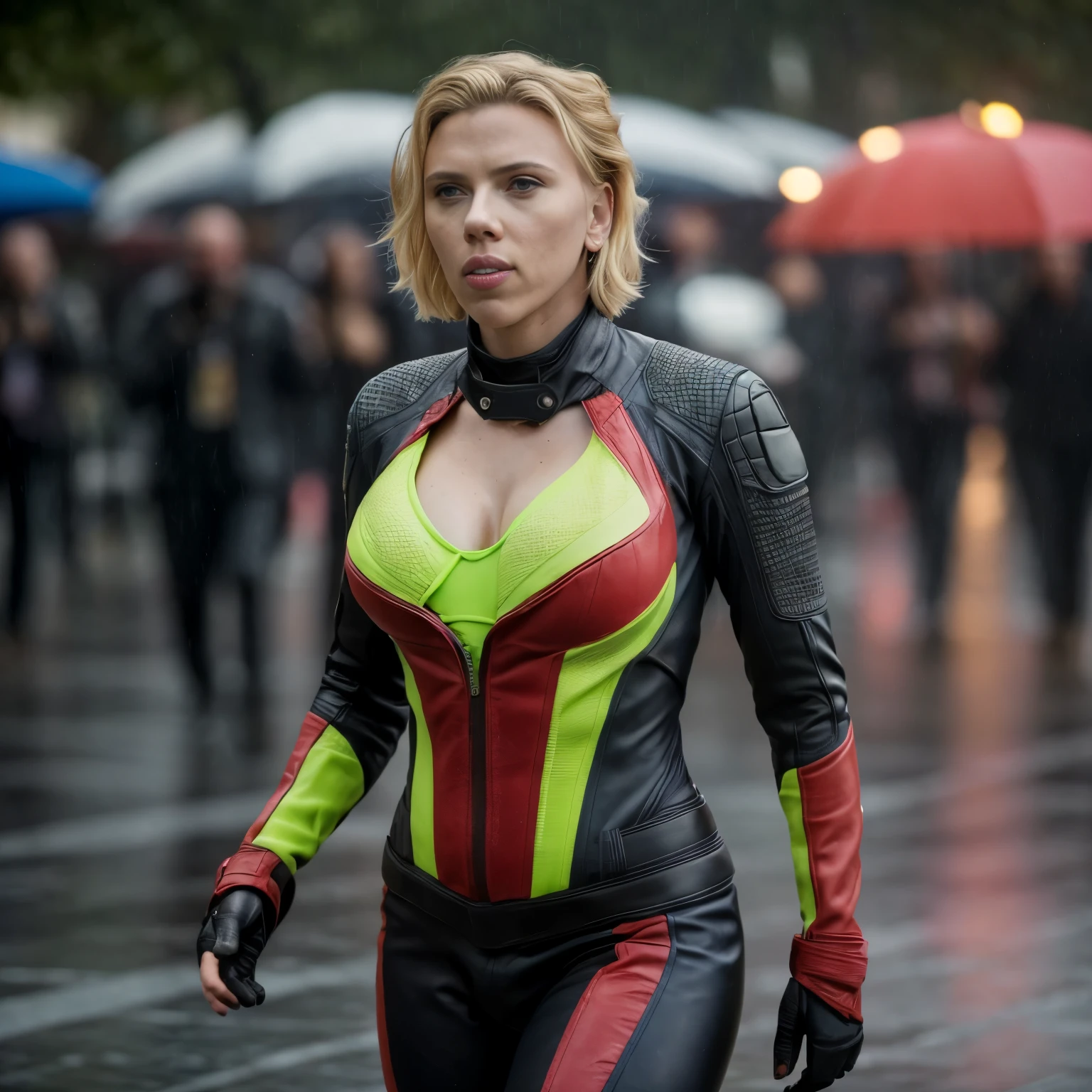 (Photograph of Scarlett Johansson), (random photo , full body shot ) (standing in the light  rain, dressed as a sexy action woman, colorful background, tight leather suit,sexualized style , tall mature woman, various random  angles ), [insanely detailed skin texture, sexy attractive texture, detailed natural environment background] (depth of field) (( perfect body parts, (  hyper photorealistic) , bright light , 85mm, 100mm lens, f/1.8 uplight ))