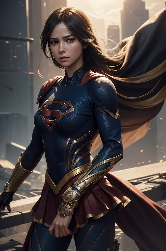 Supergirl, above the city, preparing for battle, detailed artistic photography, beautiful detailed face, dreamy, glowing, backlit, glamour, glow, shadows, oil on canvas, brush strokes, soft, ultra high definition, 8k, unreal engine 5, ultra focus sharp, artgerm, loish, sf, intricate art masterpiece, menacing, matte paint movie poster, golden ratio, trends in cgsociety, intricate, epic, highly detailed, vibrant, production cinematic character rendering, quality model ultra high
