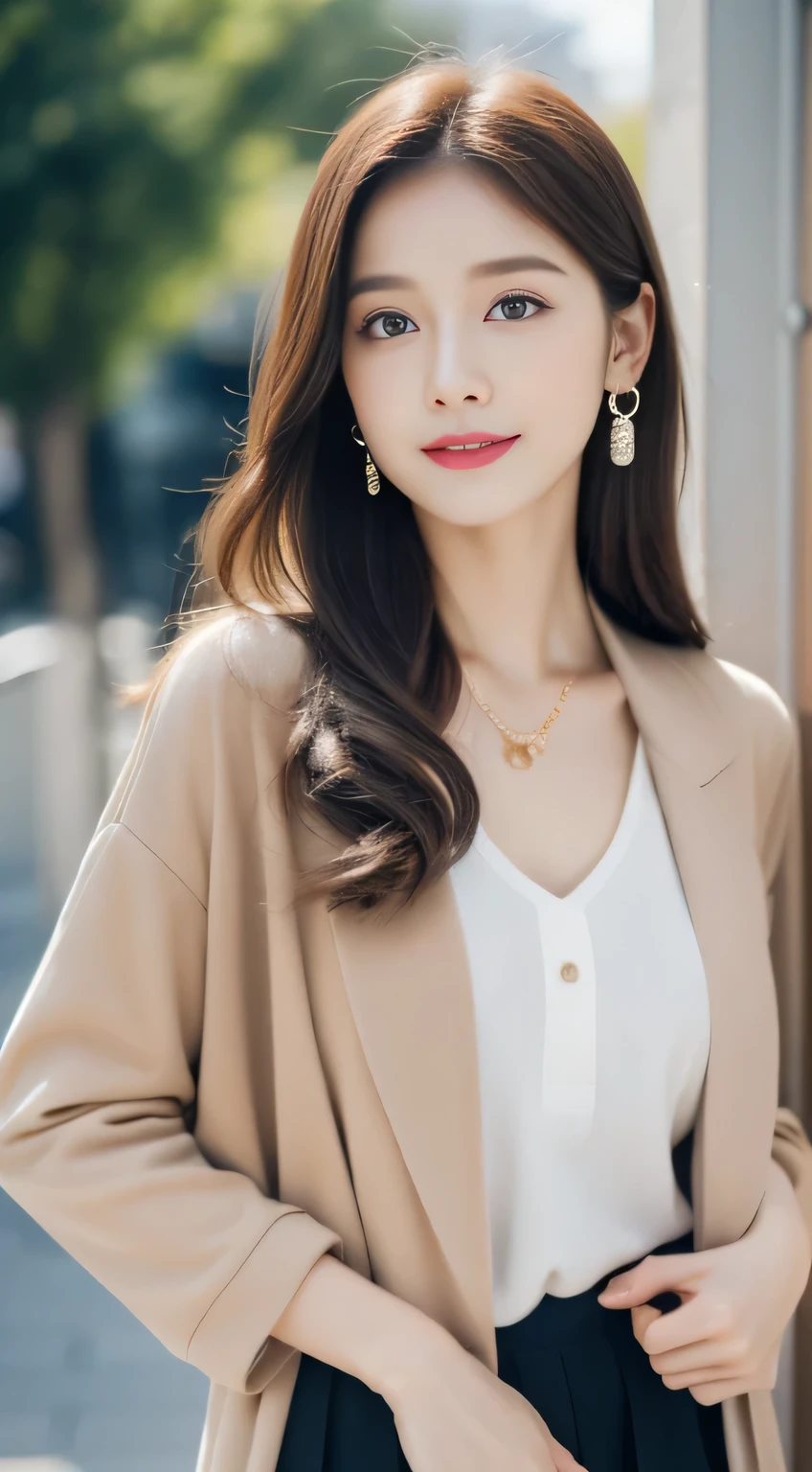 (((32K,very high res, high detailing, highly accurate,Masterpiece Girl 1))),Raw photo & realistic atmosphere,beautiful dark blue eyes,Detailed mouth,Glossy lips,Detailed eyebrows,Soft white skin that shines with every detail,,Eyes drawn in detail、Very beautiful eyes with azure eyes,Detailed lips、Very beautiful face,Very well-formed face、Lifelike face,shiny beautiful lips,Beautiful eyebrows,Infinite reality,Best design,(Insanely cute sober and modest Japan 22-year-old girl,,Toned body,thighs thighs thighs thighs,Slender legs,Beautifully shaped breasts,Very cute beautiful girl,Little Girl:1.5),Best Natural Makeup,Japanese ido,Korean Idols,Young Idols,Moist eyes,Dark beautiful eyes,Beautiful butt,beauty legs,,camel's foot,:1.3),超A high resolution、,Natural and realistic face,Back lighting,Pure eyes are too cute,(((photorealisim,Photograph the whole body))),,Reality Live Action,( earrings,Necklace Arm,Watches,Glossy nail art,Girlish clothes,Clothing with a dark color design image,Dress up your jacket elegantly and cutely,Blouse,beautiful skirt,Modest and beautiful fashionable fashion,Heel Shoes,Perm Medium Hair,独奏,Lori Kool,Smile faintly,glares,full body Esbian:1.7),(Show full-body fashion:1.8)