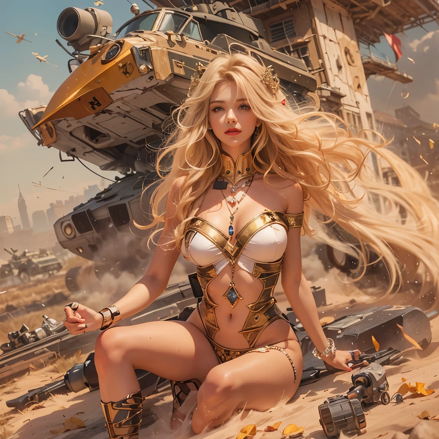 Creating an image is an art! Imagine a young, Israeli woman, a top model with long flowing hair, blonde and expertly made up (highlighting her nude red lipstick). She dazzles with 15-inch heel sandals, decorated with studded diamonds, sporting gold jewelry and precious stones, as well as a stunning Rolex watch.
Oh, we can't forget her "beautiful butt", winner of the world contest in 2023. And believe it or not, she faces chaos in the Middle East wearing a war helmet from Israel's elite forces. Amid the attack of fighter planes and armored tanks, she skillfully wields an RS-28 Sarmat (Satan-2) missile launcher, showing courage and determination.