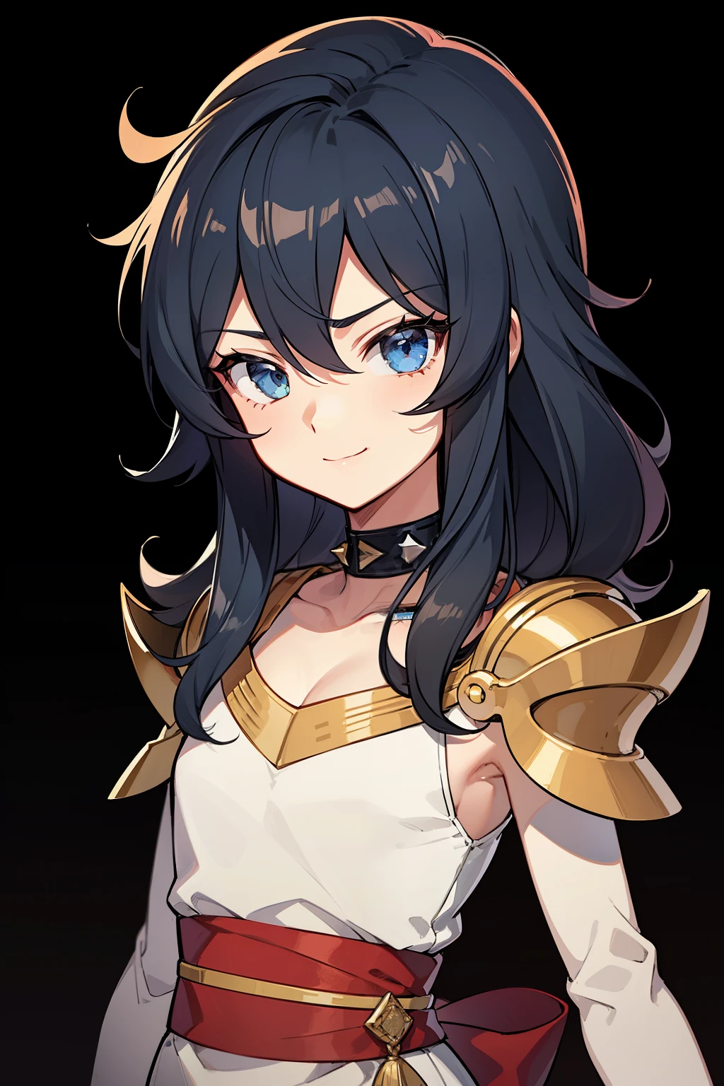 (high-quality, breathtaking),(expressive eyes, perfect face) portrait, 1girl, girl, solo, black hair, blue coloured eyes, stylised hair, gentle smile, medium length hair, loose hair, side bangs, curley hair, really spiky hair, spiked up hair, stylized hair, looking at viewer, portrait, ancient greek clothes, black long sleeved tunic gold trim around collar edges and down middle, greek, red and gold sash, simple background, laurel accessory, slightly narrow eyes, baby face, small by expression, clothes similar to Hypnos Saint Seiya