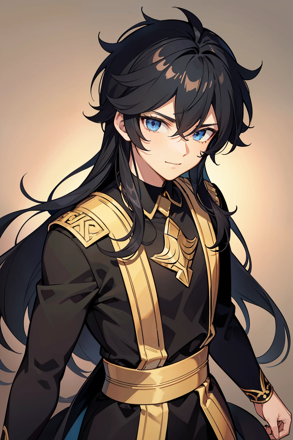 (high-quality, breathtaking),(expressive eyes, perfect face) portrait, 1boy, male, solo, young kid, child, black hair, blue coloured eyes, stylised hair, gentle smile, medium length hair, loose hair, side bangs, curley hair, really spiky hair, spiked up hair, looking at viewer, portrait, ancient greek clothes, black long sleeved tunic gold trim around collar edges and down middle, greek, red and gold sash, simple background, laurel accessory, slightly narrow eyes, masculine face, masculine eyes, baby face,happy expression, clothes similar to Hypnos Saint Seiya