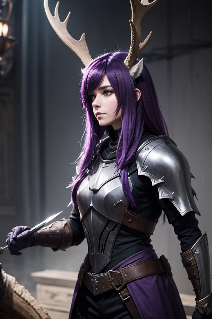 Knight Jackalope, short purple hair, jackalope antlers, dark armor(masterpiece, best quality)
