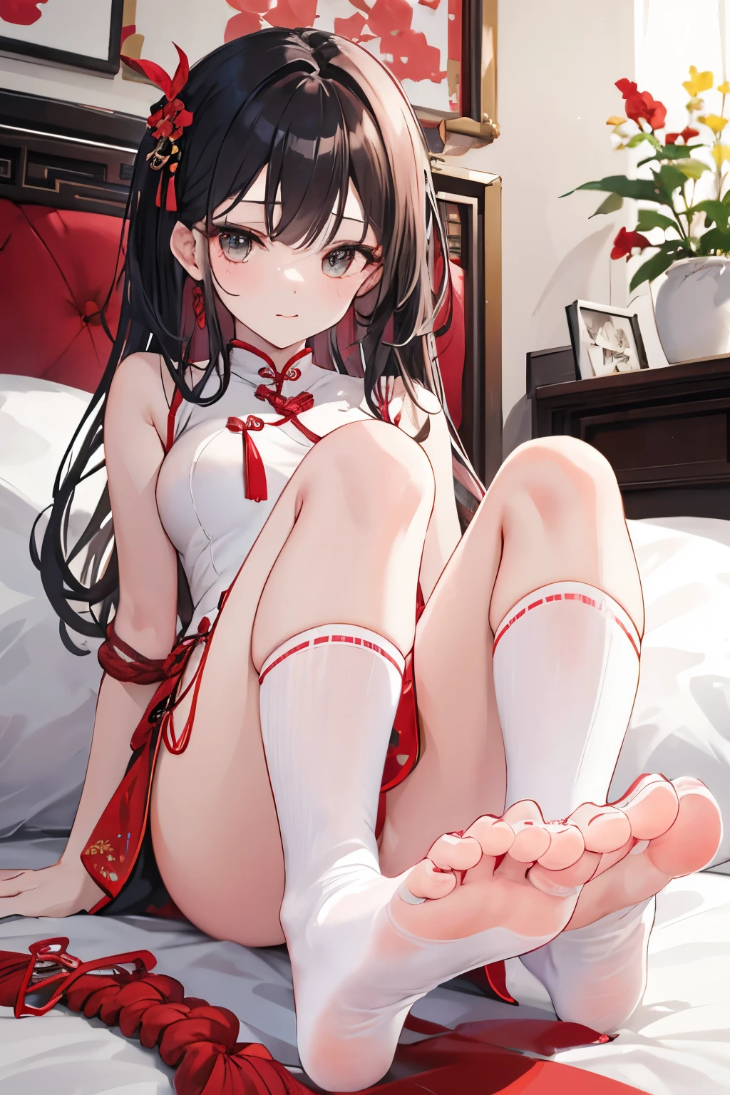 s girl，on cheongsam，White see-through socks，Cocked toes，sit on a bed，Facing you，Feet up，Expose the soles of your feet，rope wrapped around toes，perspired，Be red in the face，Close-up of feet，