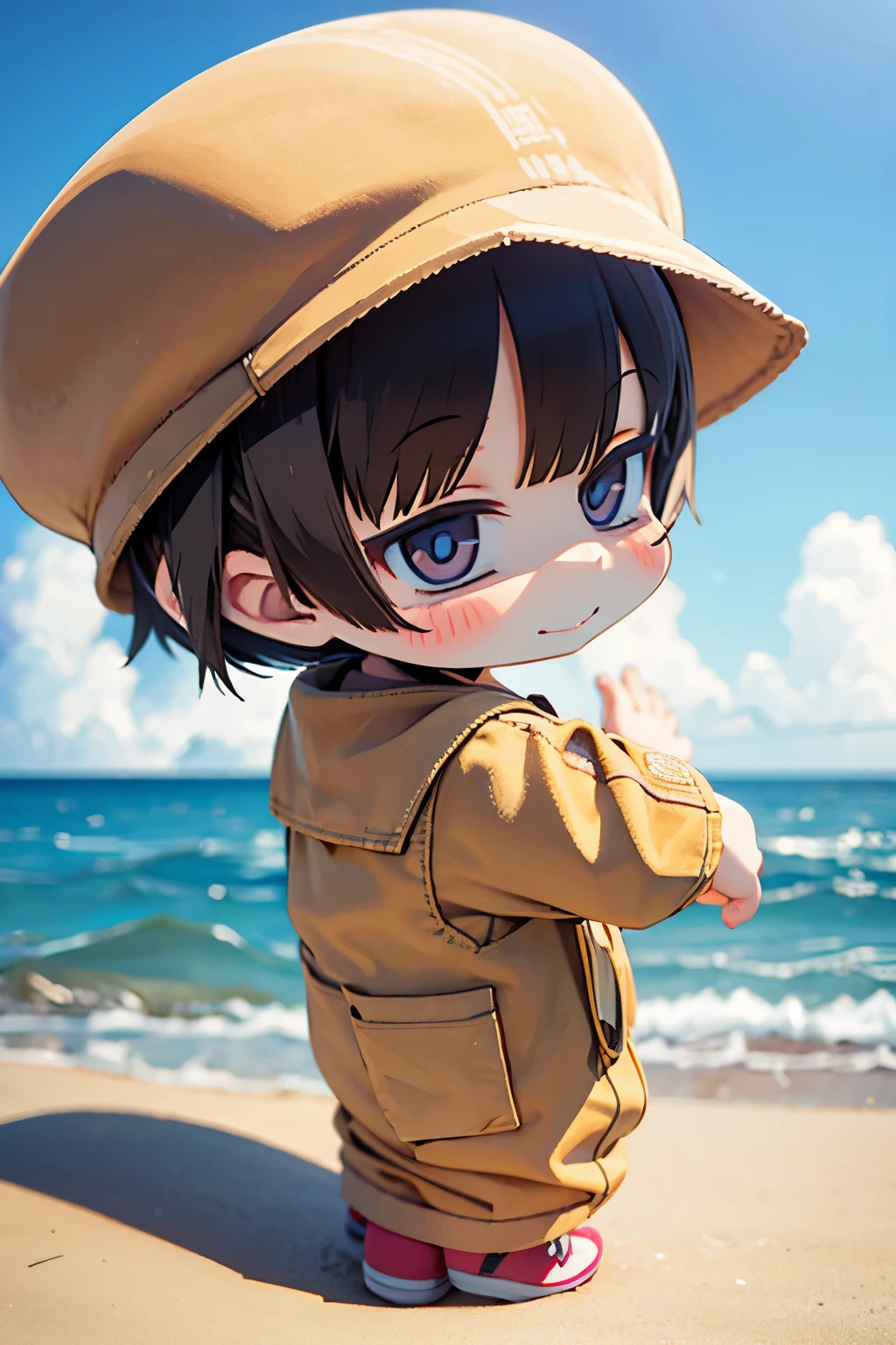 outdoors,portrait of a full body,5years old,(Planes)),Cute toddler smili happily、Taken from the side、Strong bokeh、Shiba dog、sand beach