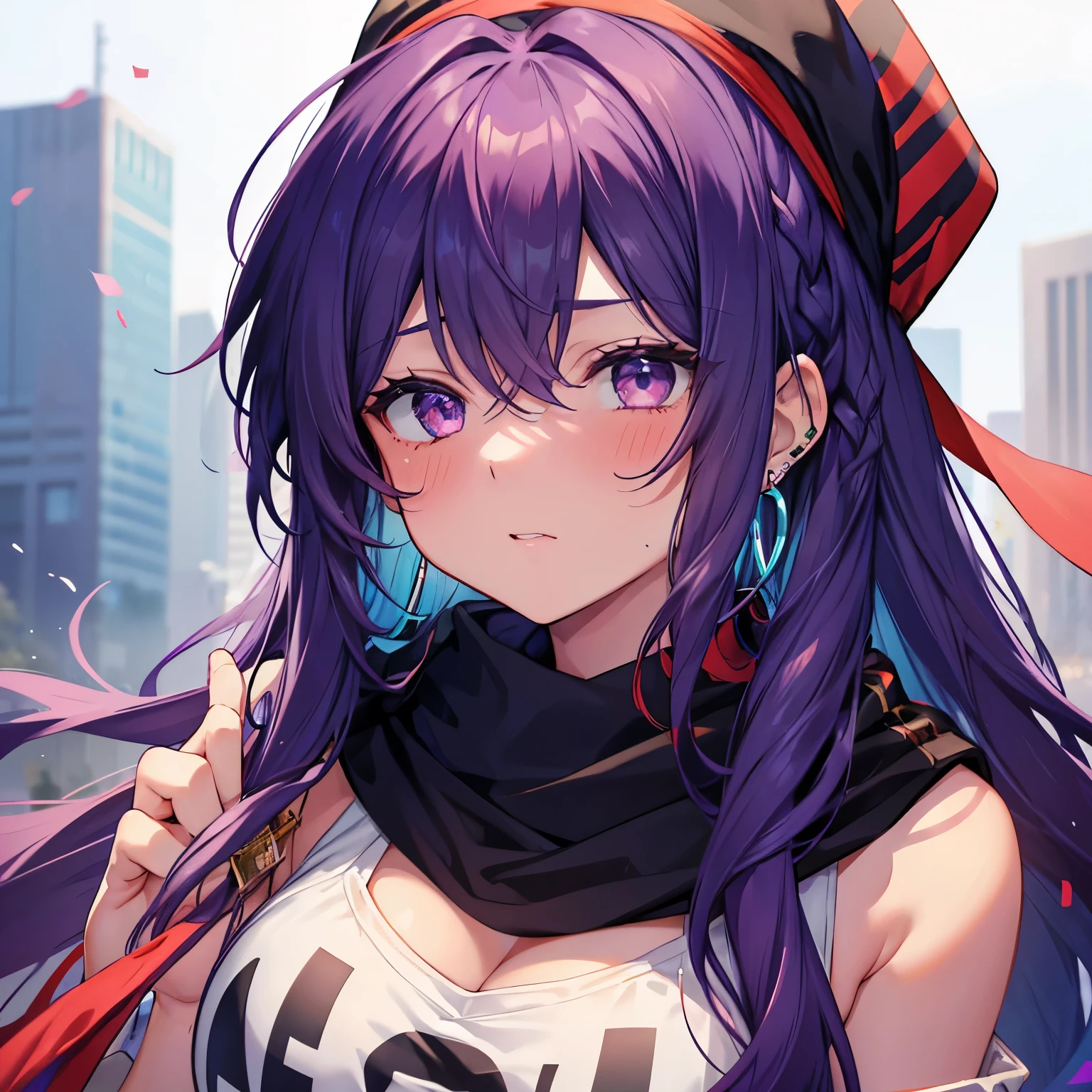 a girl with long dark purple hair, tan skin, hoop earings, blushing, kissing a guy with red messy hair, a black bandana with a white stripe at the bottom, cyan eyes