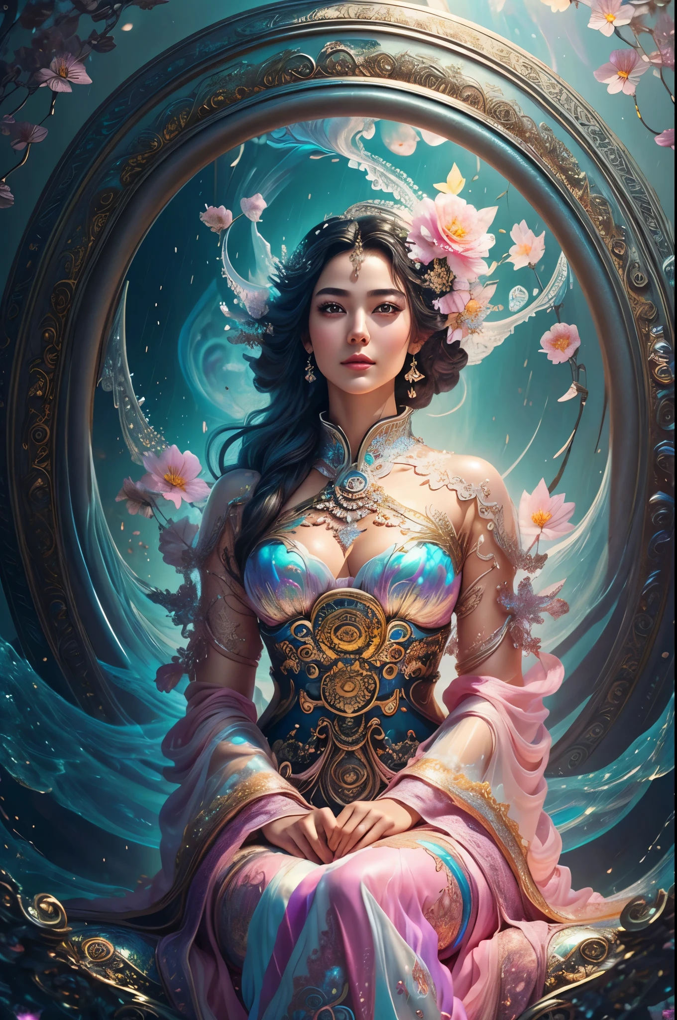 girl sitting on garden bench, (masterpiece), best quality, expressive detailed eyes, perfect face, huge floating antique hourglass, beautiful girl sitting inside the hourglass, lamp lantern, dark night sky, cloudy sky, rain clouds with lightning, beautiful girl looking up, long black hair, Beautiful Illustration homepage style, high resolution, hard touch illustration, strong outline, 8k, Hiroyuki Nagasaka style, transparent white silk dress, fashion style, bright mist. Paint water splashes. Magic spell. Pink silver gray color gradient glowing vapor veil wave on black abstract art background free space. Baroque elements, intricate oil paintings, bubbles and swirling fountains, full body, extremely detailed (Fractal Art: 1.3), vibrant colors, more detailed, slight smile, transparent clothing, mandalas and flowers, best quality, vibrant hair fused in water, beautiful visible pubic area, perfect full lips, delicate and perfect body, digital painting, intricately detailed eyes looking at camera slightly turning of head, fine art, oil painting, finely drawn magical garden, metallic roses, autumn leaves, metallic colors and enamel, oil tan skin, shiny skin, legends concept art, 8k volumetric lighting