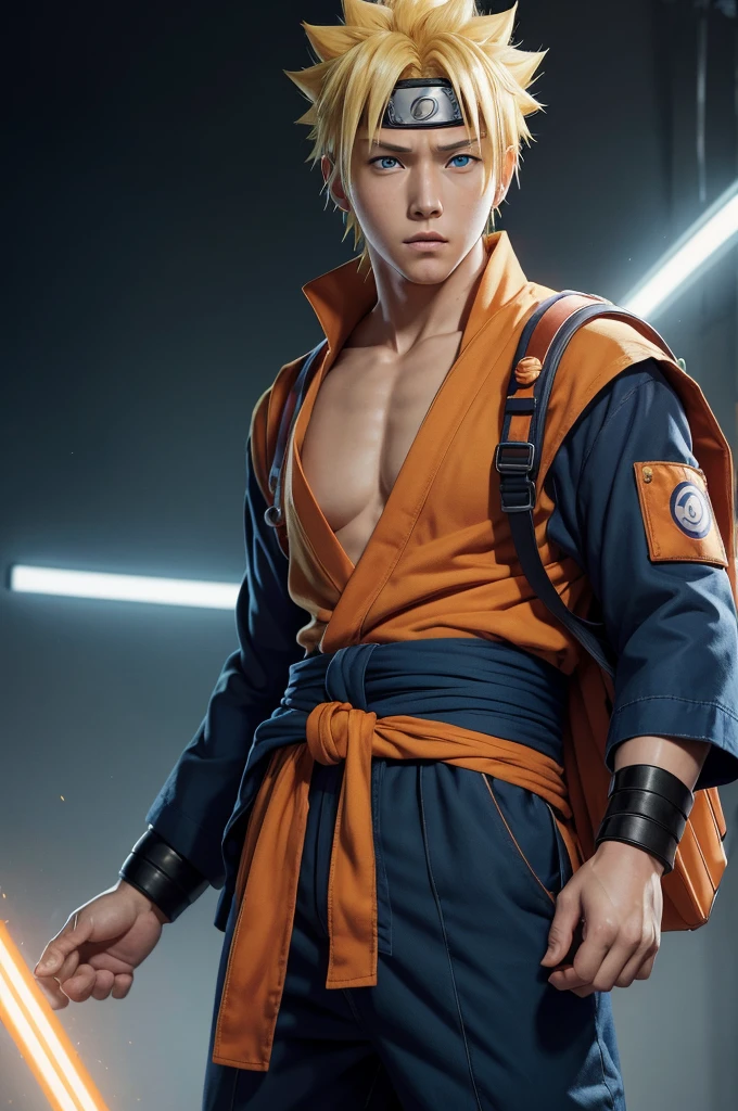 Best quality, masterpiece, super high resolution, (realism: 1.4), realistic photo, boy, Naruto Uzumaki is one of the protagonists in Naruto, he has bright blue eyes and blonde hair. He wears an orange robe with blue decorative bands on the hem and cuffs, a string tied around his waist, and a large light blue backpack tied behind his back.