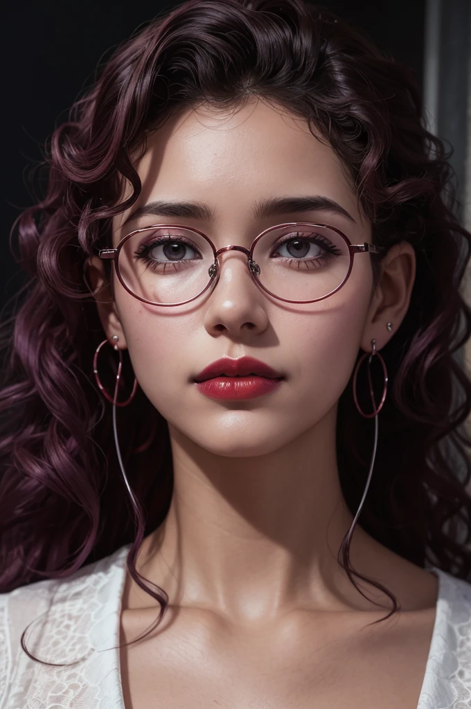 Slightly curly hair, rimless glasses, small spots under the corners of the mouth, / note lilac earrings, slightly closed mouth, red lips, surrealism, high detail, strong chiaroscuro, film graininess, panorama, ultra high-definition, precise, textured skin.