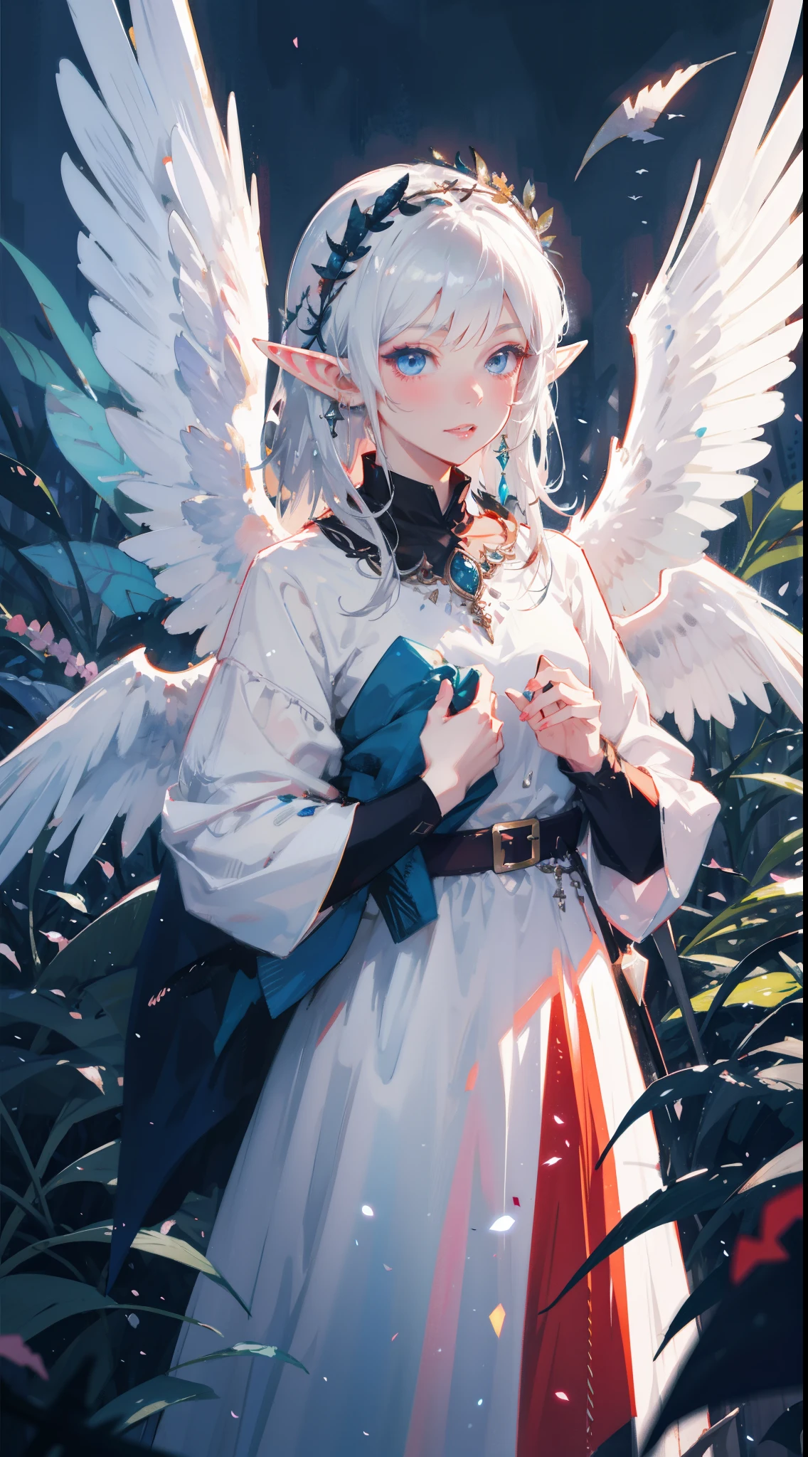 Rusticcore, contest winner, pixiv, Disgusting a white haired elf woman with wings and jewels on her head and chest, wearing a white dress with silver wings and a silver collar, (Charlie Bowater:0.158) , (Artgerm:0.073) , (a character portrait:0.265) , (whitegloveantasy art:0.457) and Seaweed, extremely beautiful, Analytical Art, 8K, best quality, DayGlo orange dust particles, dslr, anaglyph effect, BREAK,  (masterpiece, top quality, best quality, official art, beautiful and aesthetic:1.2),  lips, eyelashes, makeup, blue eyes, eyeshadow, pink eyeshadow, extreme detailed, highest detailed, style by Kawacy, by Wadim kashin