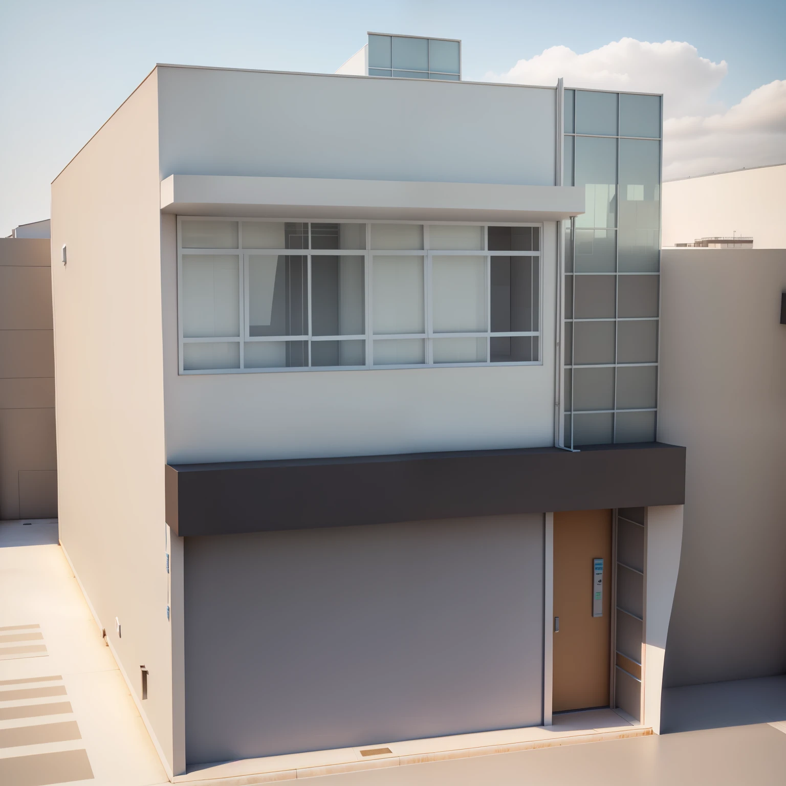 a representation of a modern building with a large window and a door, Vista frontal, Loja, loja altamente detalhada, building facing, pre-Processado, modern lush condo as shopfront, realistic building, Processado, Processado 3d model, 2 d render, 3D-rendering, 3D rendering, 3 d renders, Fachada Freddy Mamani Silvestre, vista frontal, manter detalhes de madeira laterais do predio