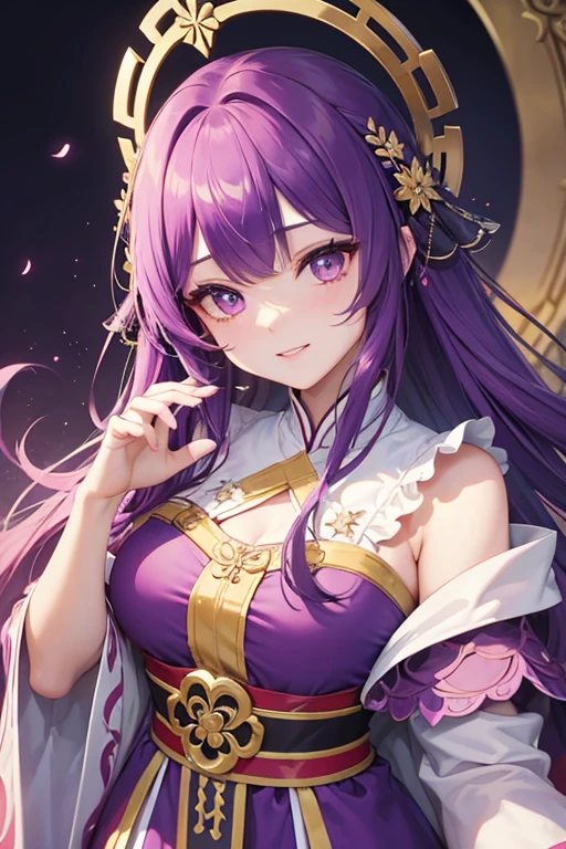 Bright purple Taoist robe, Falda larga Hanfu, ojos grandes, Obra maestra belleza absoluta, 1 mujer, primer plano. primer plano, sonrisa curativa, escena de nieve, , trenza retorcida, Peinado princesa corte princesa, Accesorios sencillos para el cabello,