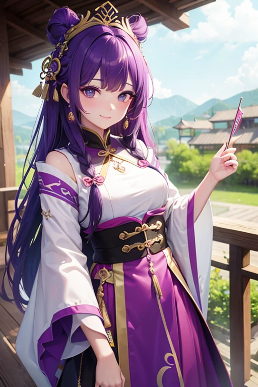 Bright purple Taoist robe, Falda larga Hanfu, ojos grandes, Obra maestra belleza absoluta, 1 mujer, primer plano. primer plano, sonrisa curativa, escena de nieve, , trenza retorcida, Peinado princesa corte princesa, Accesorios sencillos para el cabello,