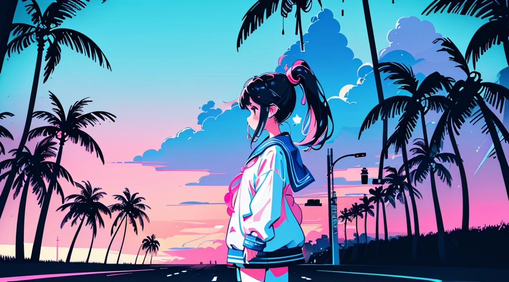 (1 girl, ponytail, sailor suit, headphone, kawaii), (cyberpunk road by the sea, pink glowing road, starry blue sky, big moon, palm trees), (low contrast, flat color, limited palette)