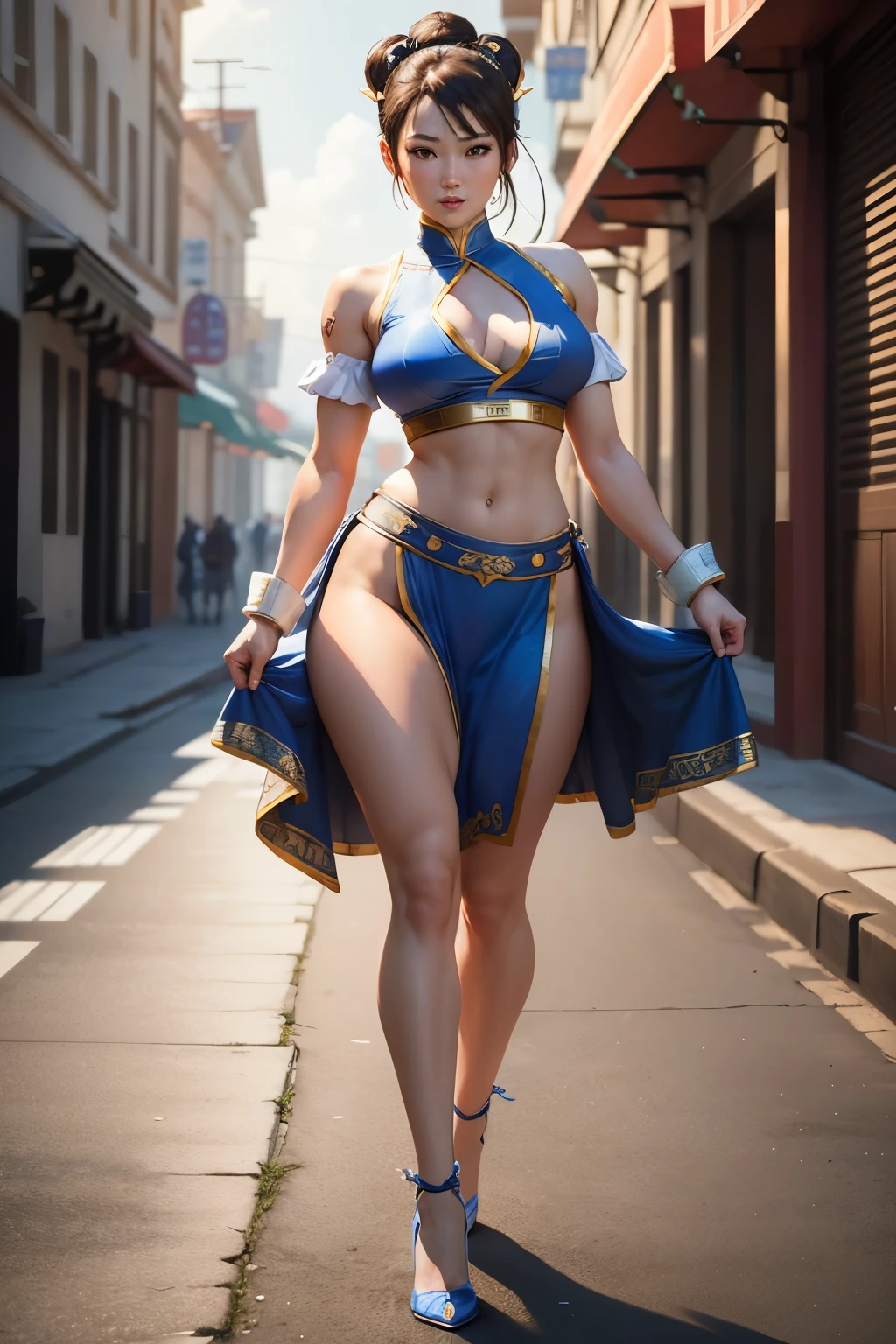 masterpiece, ultra high quality, ultra high definition, 8K, totally realistic, Chun-Li Zhang, extremely beautiful, alone, full body, highly detailed face, fully detailed eyes, perfect eyes, perfect features, very beautiful body, perfect body, cheerful smile, posing, Street Fighter V