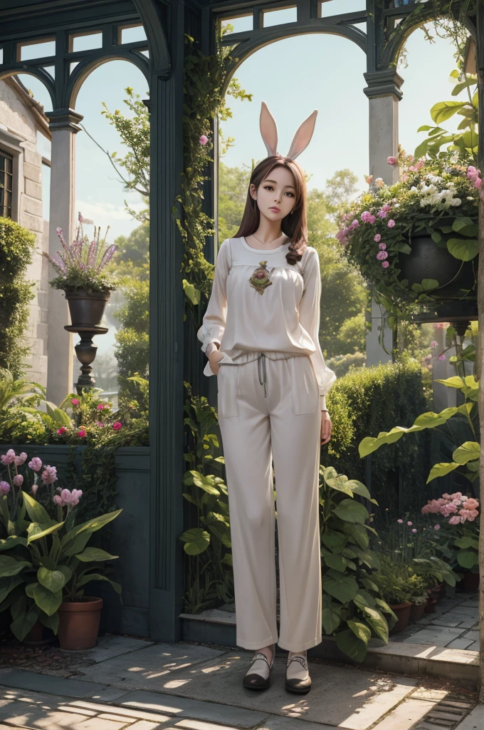 4k, realistic, carismatic, very detail, there is a girl on garden house, wearing rabbit woman , soft theme, pants, 25 years old, full body