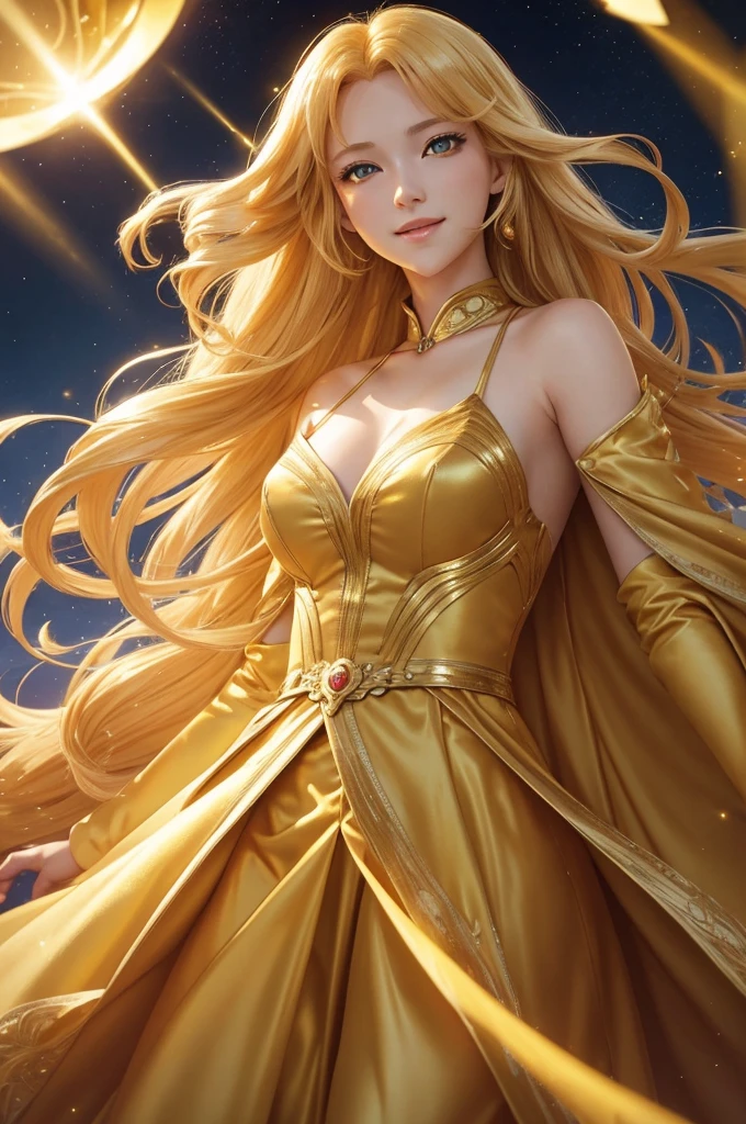 tall deific woman with wavy blonde hair and yellow eyes that personifies the season of autumn