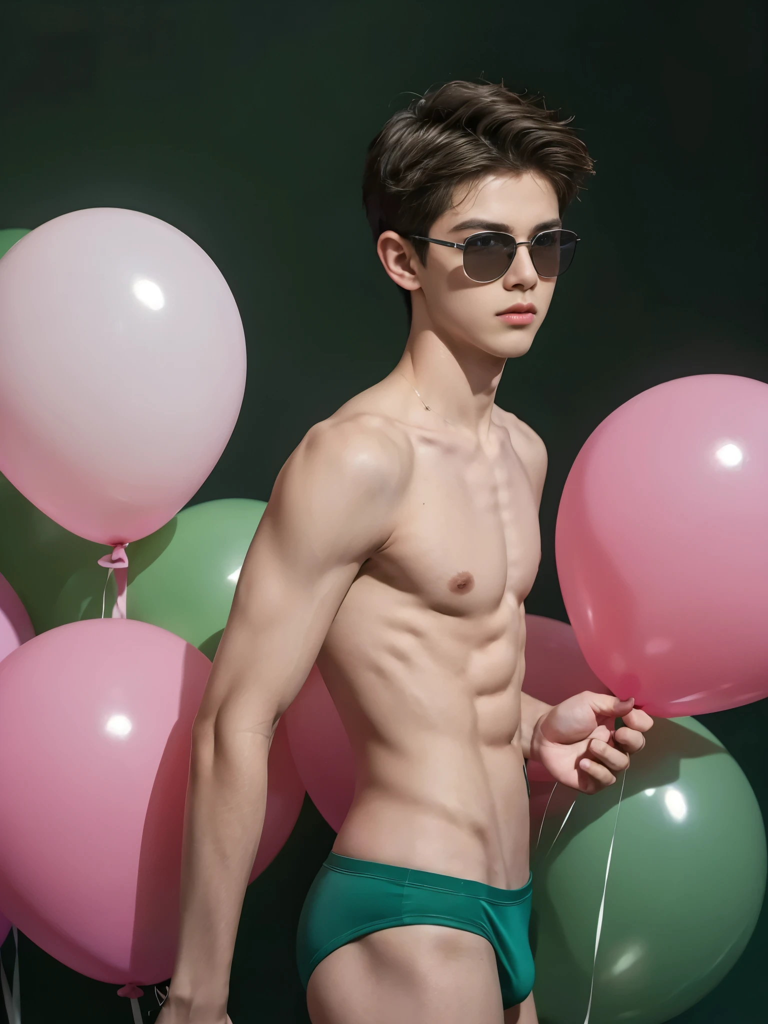  boy, hugging big pink balloons, blowing big green balloons, wearing small green speedos, shirtless, abs, thin body, slim body, handsome, young boy, youthful, boyish, cute, black military sunglasses, rayban aviators, photography, realistic, big pink balloons, big green balloons, indoor soft lighting