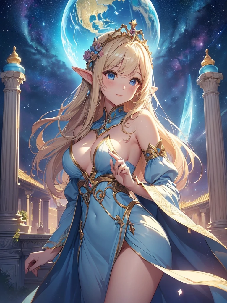 top-quality、Top image quality、​masterpiece、Super beautiful elf beauty((24 year old、Best Bust、big bast、Bust 90,beautiful blue long ironed hair、a blond、globe、A sexy、A slender、a closeup、Esbian、beautiful tiara、hiquality、Beautiful Art、Background with((starrysky)))masutepiece、visualart、depth of fields、low angle of morning sky、、Elven ears、、light magic、Space Knight、harp melody🎵、Happy smile、Gentle light、、Beautiful legs that are gentle on the skin、、、Number of fingers to achieve precise finger movements、ticker beautiful decoration underwear、elegent、Mystical　Rosa、　field under the flower garden、Marble pillars, beautiful dressy、magnificent marble dome、巨大なglobe、religious painting、Embracing the Earth、temple of time、huge clocks、large dome architecture