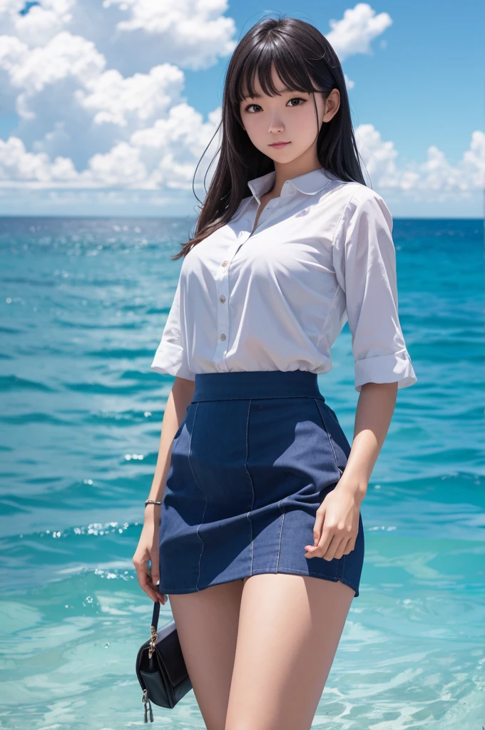 1 girl,solo,blue sky, ocean, short skirt, (very detailed background:1.0), (highly detailed background:1.0),