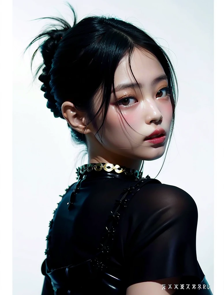 um close up de uma mulher com um top preto e um vestido preto, Directed by: Yamagata Hiro, japanese model, Sui Ishida com cabelo preto, Estilo de Masami Kurumada, preto hime corte cabelo, Jingna Zhang, Directed by: Tadashi Nakayama, Directed by: Kanō Naizen, Eiko Ishioka, Realistic. Cheng Yi