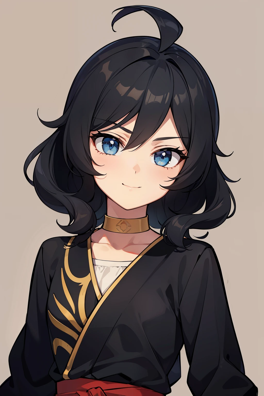 (high-quality, breathtaking),(expressive eyes, perfect face) portrait, 1girl, girl, solo, young kid, child, black hair, blue coloured eyes, stylised hair, gentle smile, medium length hair, loose hair, side bangs, curley hair, really spiky hair, spiked up hair, stylized hair, looking at viewer, portrait, ancient greek clothes, black long sleeved tunic gold trim around collar edges and down middle, greek, red and gold sash, simple background, laurel accessory, slightly narrow eyes, baby face, small body, happy expression, clothes similar to Hypnos Saint Seiya