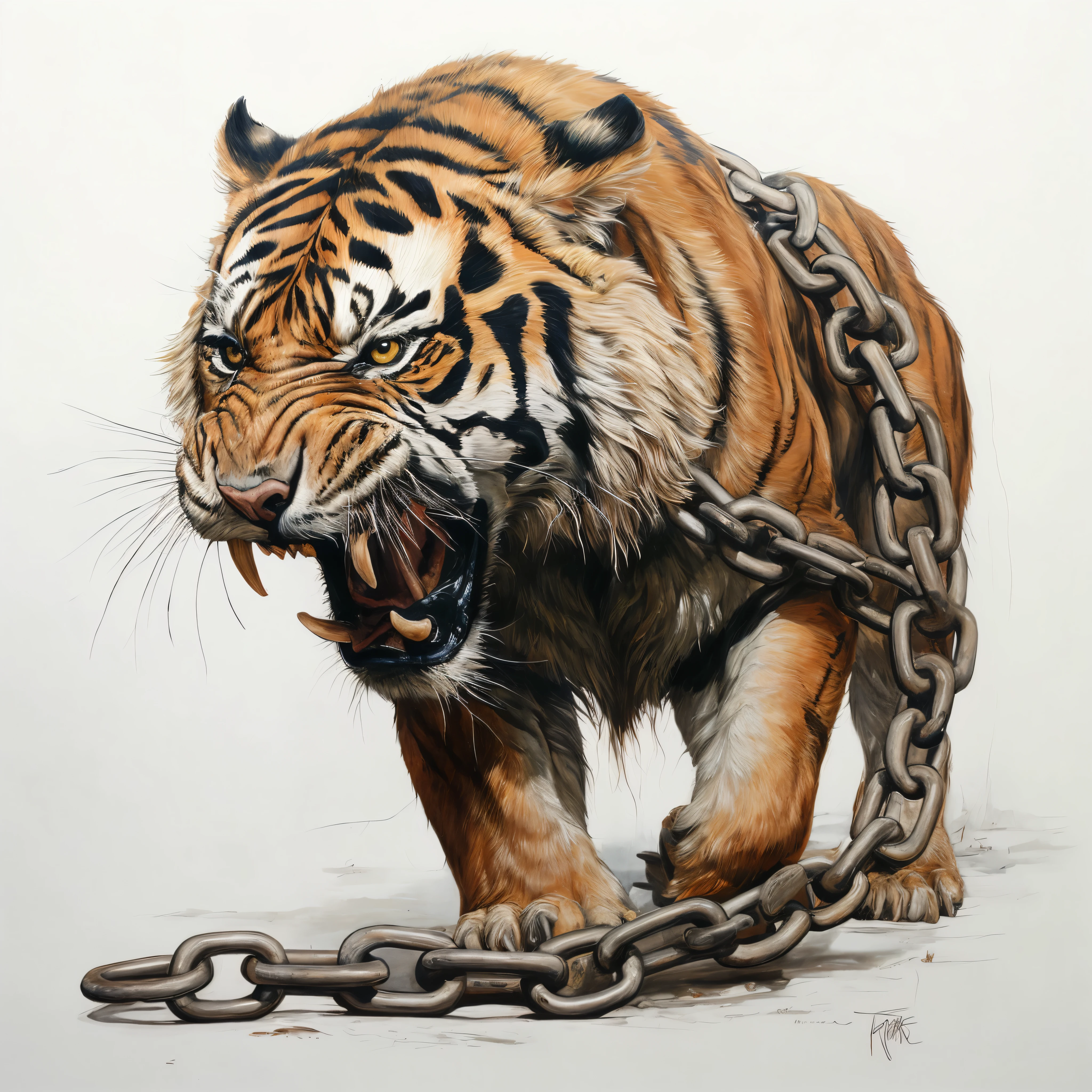 pintura de un tigre encadenado a una cadena con la boca abierta, tigre_bestia, por Min Zhen, por Gabrijel Jurkić, por Sava Šumanović, tigre, Stefan Koidl, Mark Brooks detallado, por Adam Marczyński, ((tigre)), por Roberto Parada, por Ivan Mrkvička