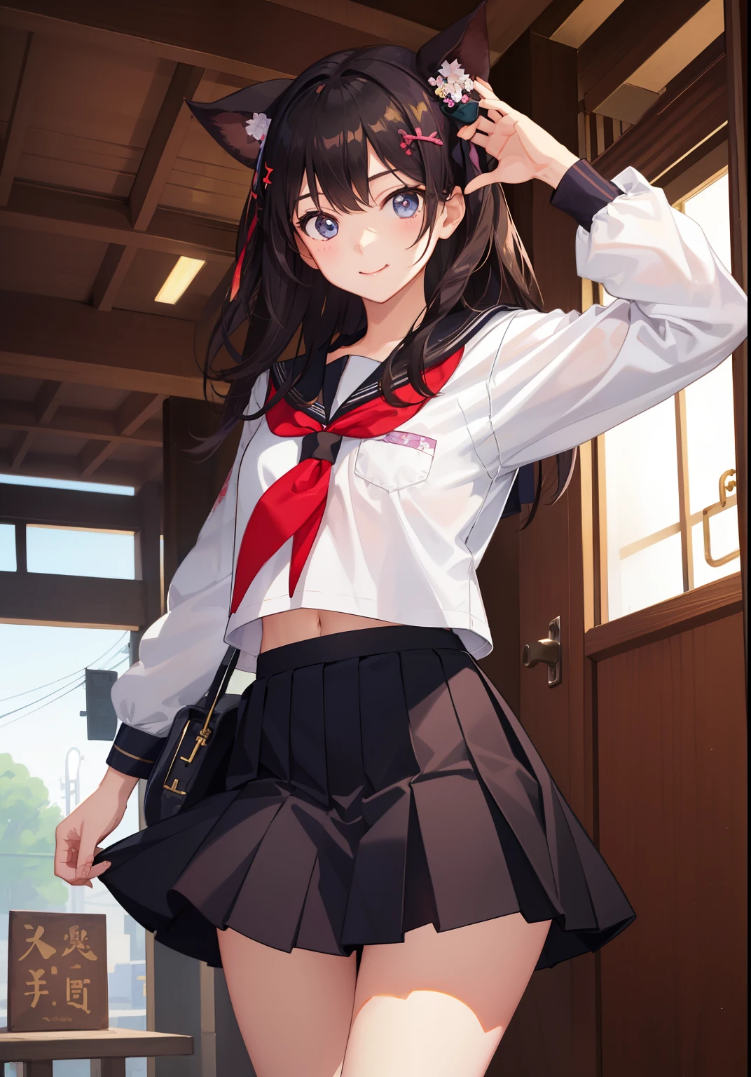 1girl in、As-、A smile、The shirt、skirt by the、Light in the eyes、(highlight in eyes)、(small tits)Chilarism、Japan High School Student Uniform、serafuku、summer clothing、(Portrait from the knee up)、