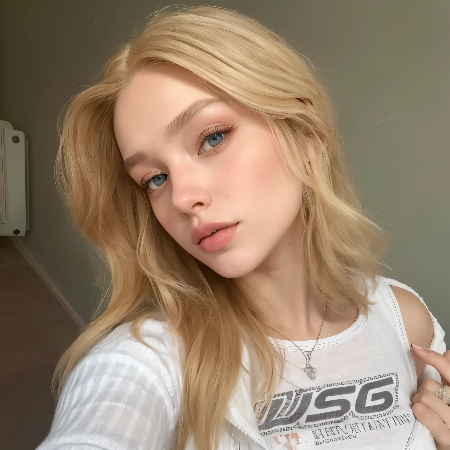 Mulher loira com olhos azuis e uma camisa branca posando para uma foto, Taran Dasha, Angelina Stroganova, Yelena Belova, Anna Nikonova aka Newmilky, Modelo do Instagram, lindo modelo jovem, Viktoria Gavrilenko, Alexandra Waliszewska, pale skin curly blond hair, sem maquiagem, rosto como ester exposito