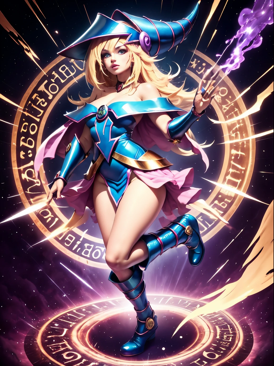 ultra-detallado, extremadamente detallado, obra maestra, sthe highest qualit, la mejor calidad, absurdos, highres, dark magician girl, (1girl: 1.2), solo, cara detallada, dynamic  pose, flujo de cabello, (cuerpo completo: 1.1), cabello rubio, cabello largo, mirando al espectador, ojos verdes, skindentation, piel detallada, poros de la piel, (piel brillante, piel brillante: 1.1), detalles de piel rosada, senos, toenail polish, falda, calzado azul, sombrero azul, sombrero de mago,  varita, holding hat, (bragas azules: 0.9), (summoning circle: 1.1), hexagrama, pentacle, pentagrama, yu-gi-oh!, monstruo de duelo, Purple Magic Field, resplandor, fondo detallado, fondo intrincado, Pose sujestiva y sensual