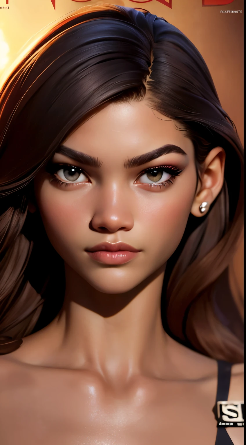 portrait of Zendaya looking at viewer, magazine cover, (masterpiece, extremely detailed skin, photorealistic, heavy shadow, dramatic and cinematic lighting, key light, fill light) in desert