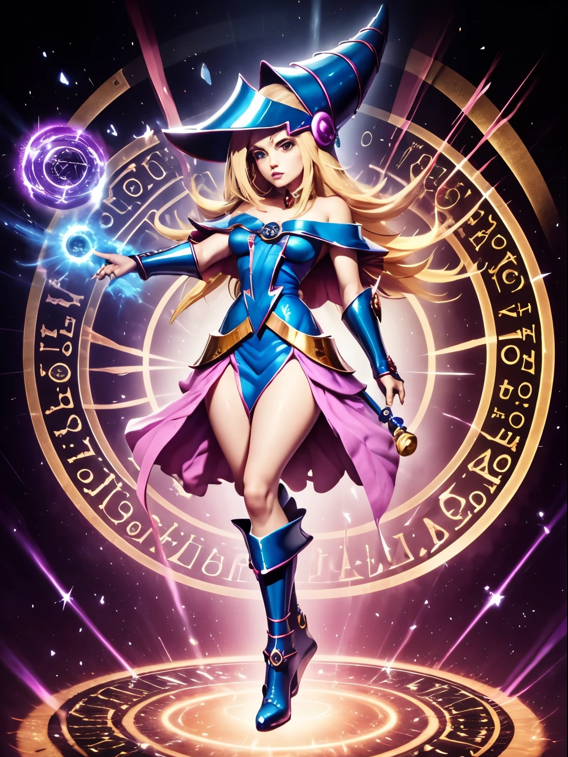 ultra-detallado, extremadamente detallado, obra maestra, sthe highest qualit, la mejor calidad, absurdos, highres, dark magician girl, (1girl: 1.2), solo, cara detallada, dynamic  pose, flujo de cabello, (cuerpo completo: 1.1), cabello rubio, cabello largo, mirando al espectador, ojos verdes, skindentation, piel detallada, poros de la piel, (piel brillante, piel brillante: 1.1), detalles de piel rosada, senos, toenail polish, falda, calzado azul, sombrero azul, sombrero de mago,  varita, holding hat, (bragas azules: 0.9), (summoning circle: 1.1), hexagrama, pentacle, pentagrama, yu-gi-oh!, monstruo de duelo, Purple Magic Field, resplandor, fondo detallado, fondo intrincado, Pose sujestiva y sensual