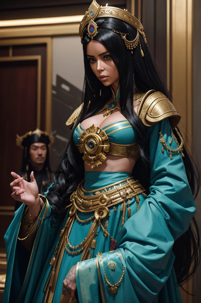 arafed woman in a costume and a man in a costume, style of maciej kuciara, film still of kim kardashian, dressed as emperor, die antwoord music video, ornate cosplay, galactic deity, production photo, 70mm film screenshot, google arts and cultures, 2 0 1 5 cinematography, brom redshift, wuxia