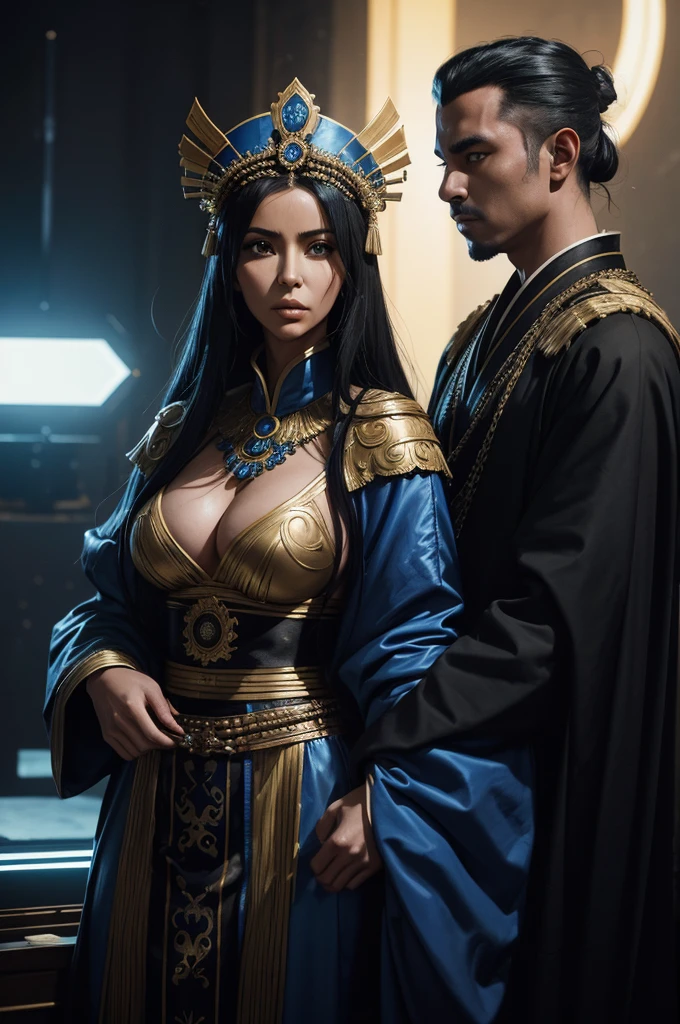 arafed woman in a costume and a man in a costume, style of maciej kuciara, film still of kim kardashian, dressed as emperor, die antwoord music video, ornate cosplay, galactic deity, production photo, 70mm film screenshot, google arts and cultures, 2 0 1 5 cinematography, brom redshift, wuxia