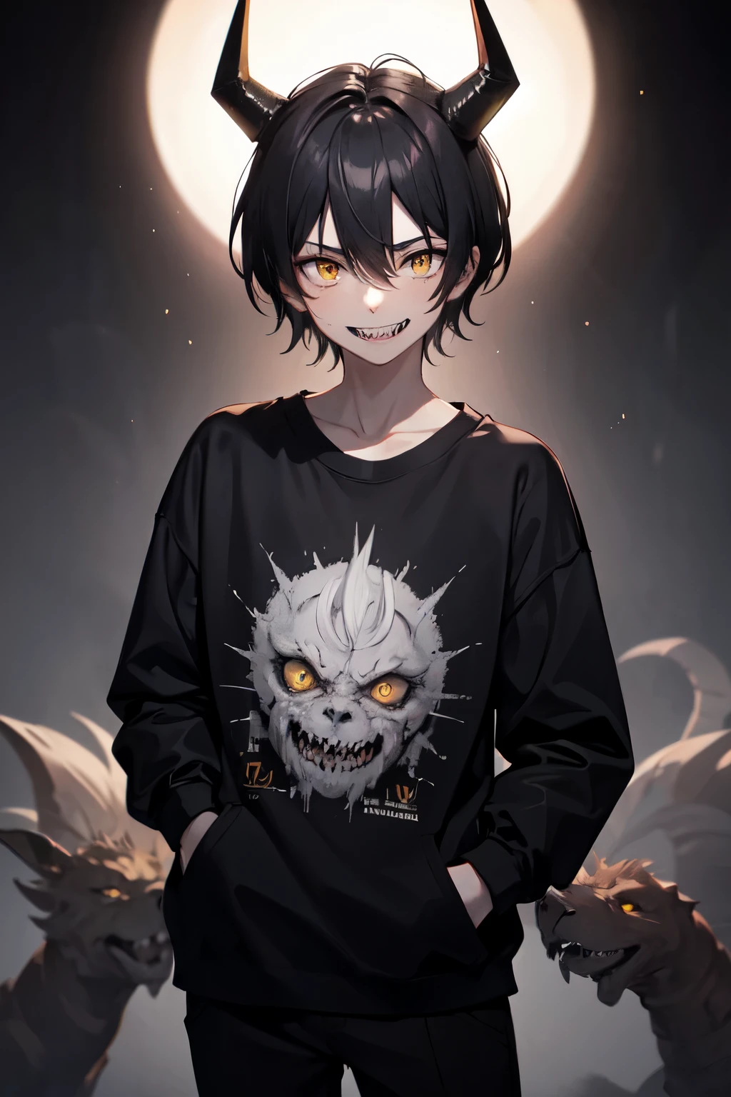 A teenage boy with black hair and bangs between his eyes, with a psychopathic smile on his face, yellow eyes, sharp teeth, with horns, in a black sweatshirt, with his hands in his pocket, looking at the viewer, on a blurred gray background.