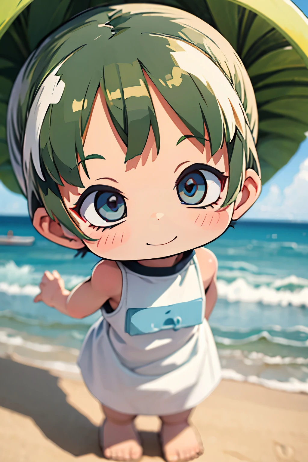  outdoors，portrait of a full body，5years old，(Planes))，Cute toddler smili happily、Taken from the side、Strong bokeh、Shiba dog、sand beach