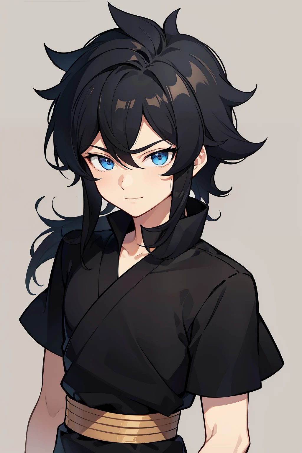 (high-quality, breathtaking),(expressive eyes, perfect face) portrait, 1boy, male, solo, , black hair, blue coloured eyes, stylised hair, gentle smile, medium length hair, loose hair, side bangs, curley hair, really spiky hair, spiked up hair, looking at viewer, portrait, ancient greek clothes, black long sleeved tunic gold trim around collar edges and down middle, greek, red and gold sash, simple background, slightly narrow eyes, masculine face, masculine eyes, baby face,happy n, clothes similar to Hypnos Saint Seiya