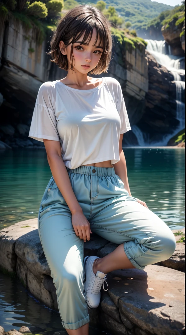 1girl, no meio do lago, sitting on rocks short hair to shoulders, arms behind back, roupas largas, large and comfortable shirt, large and comfortable pants, in comfortable white shoes, nuvens nuvens detalhadas, detailed water, sentada, sentada nas pedras, lago, montanhas, , (obra-prima), (melhor qualidade), (ultra qualidade), (ultra detalhado), (muito detalhe)